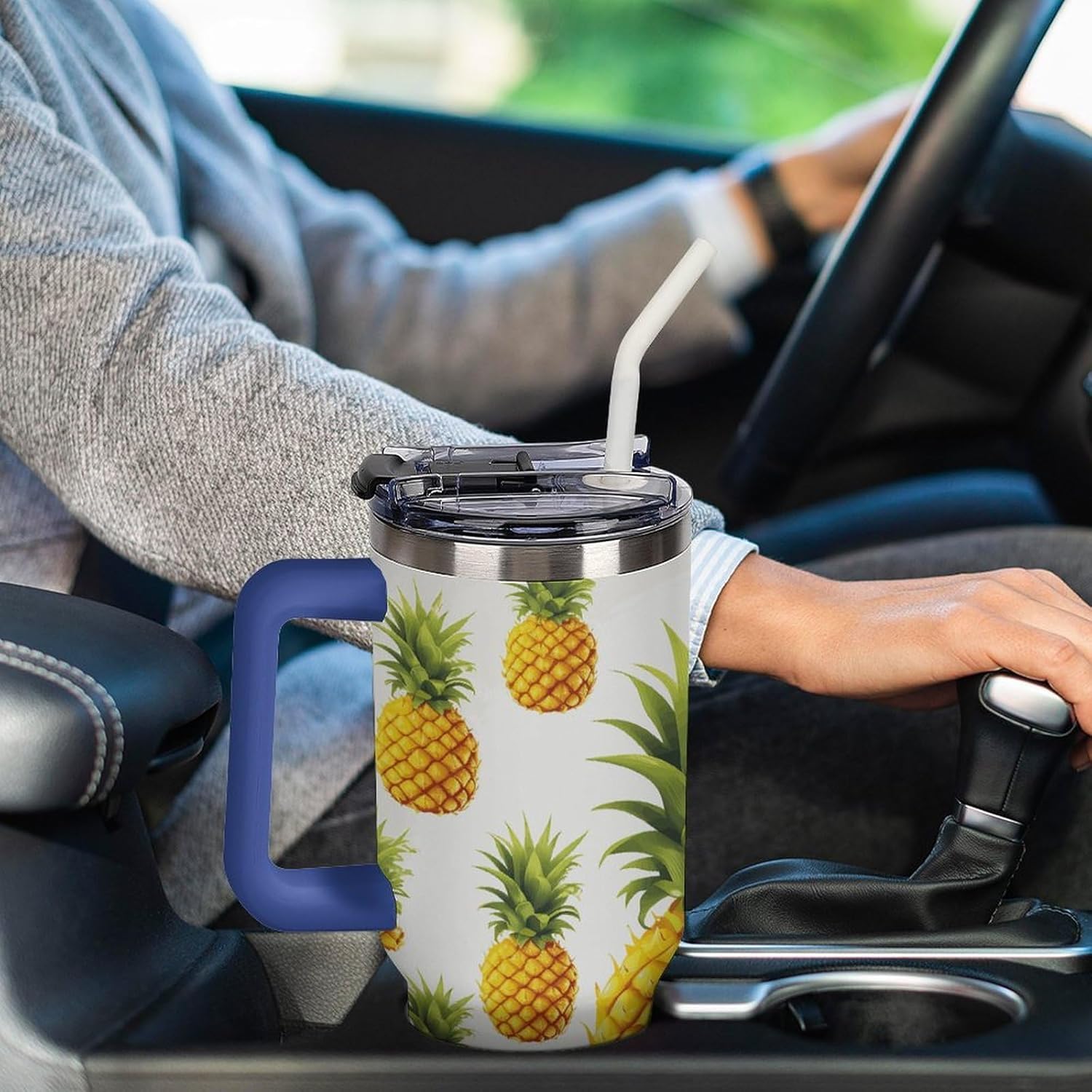 Pineapple Illustration Travel Coffee Mug Reusable Durable Stainless Steel Insulated Tumbler with Handle And Straw Leak Resistant Portable Thermal Cup Gifts for Men Women 40 Oz