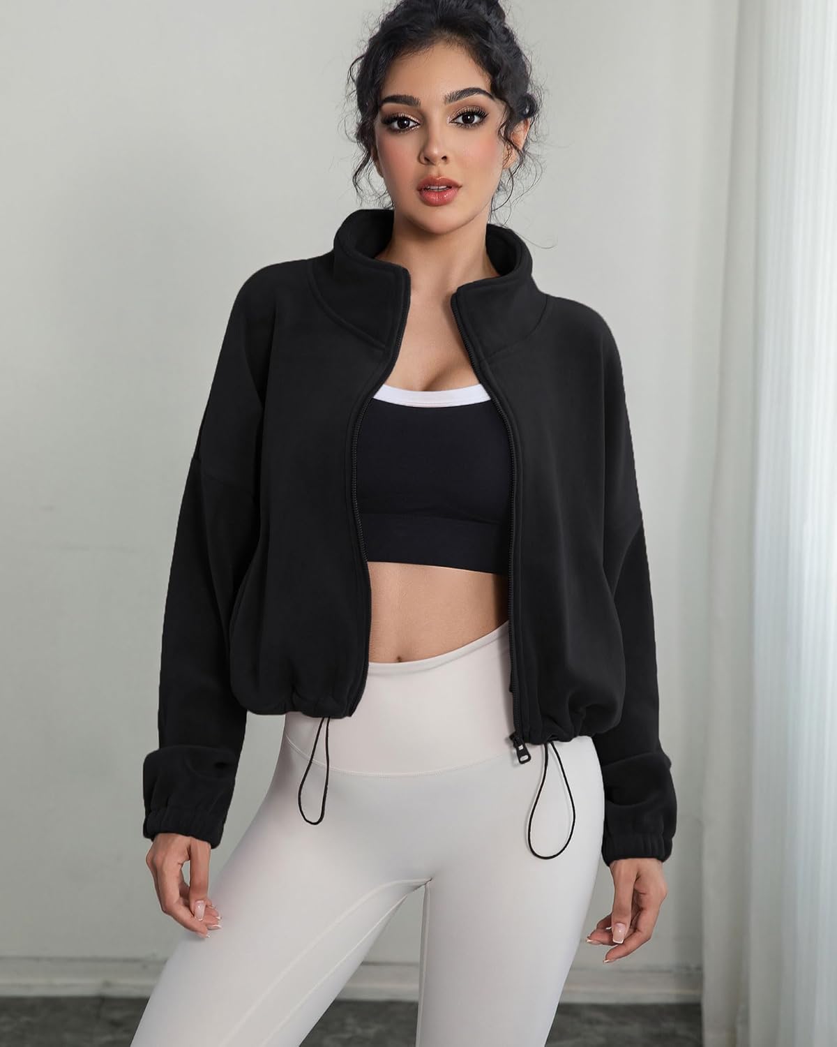 Women's Full Zip Fleece Short Jacket with Pockets Stand Collar Long Sleeve Zip Up Warm Winter Sherpa Cropped Coat - Image 4