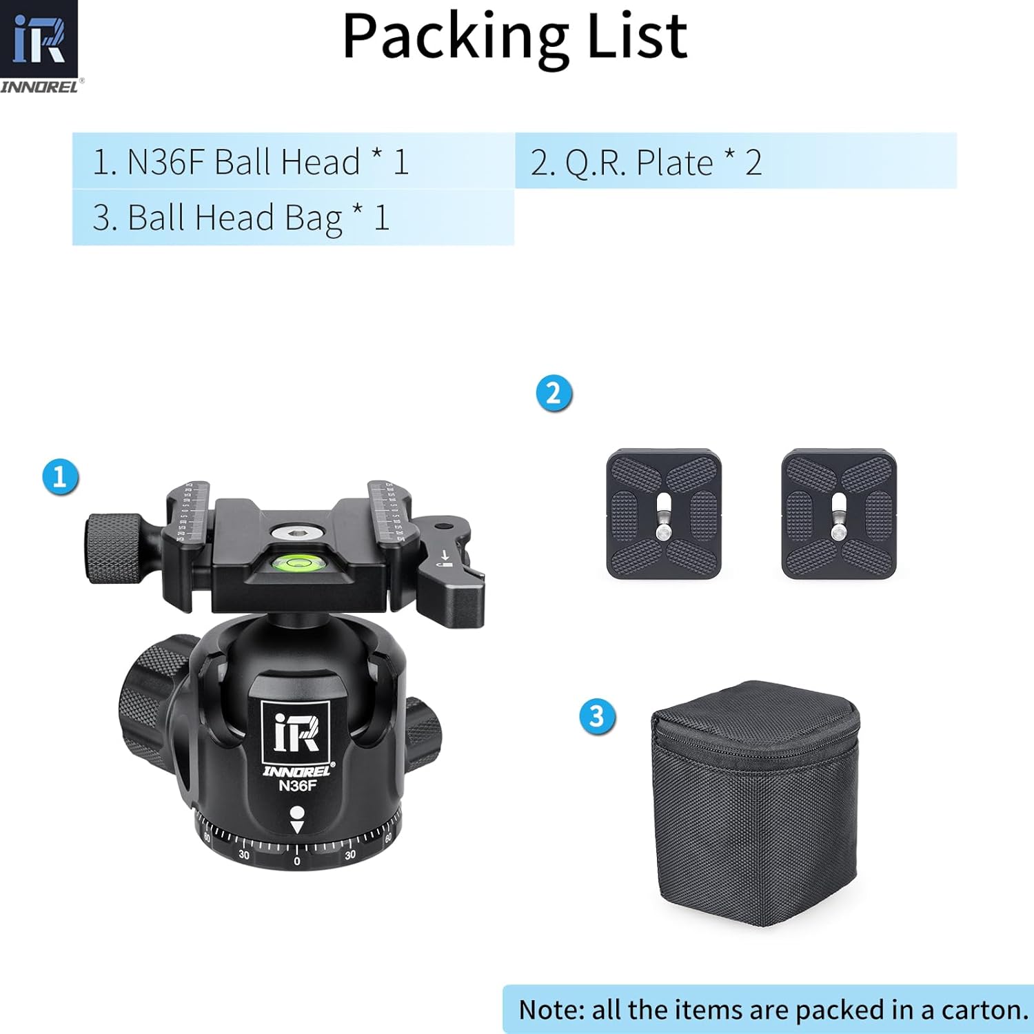 INNOREL N36F Quick Locking Low Profile Tripod Ball Head, Fast Lever Release, Panoramic CNC Metal Camera Tripod Ballhead with 2 Plates for Tripod Monopod DSLR Camcorder, Max Load 44lb/20kg (Black)