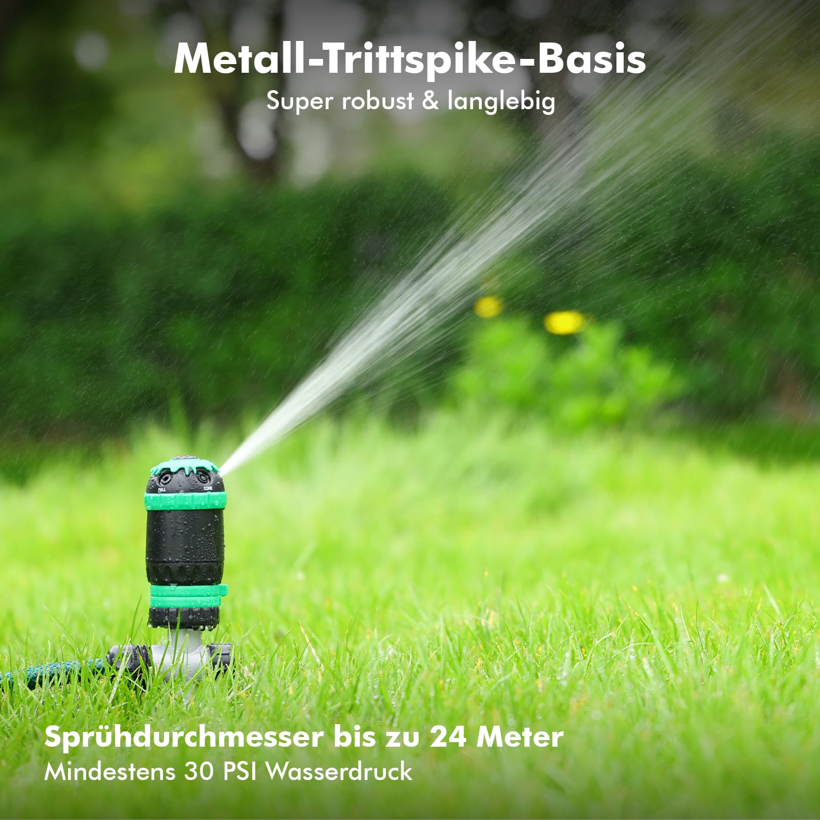 RESTMO Rasensprenger für große Flächen, Getriebe Sprinkler & impulsregner | 5 Muster, Sprühdurchmesser 24 m (467 m²), Metallspike-Basis, wetterfest, erweiterbar in Reihe, für Rasen & Beete