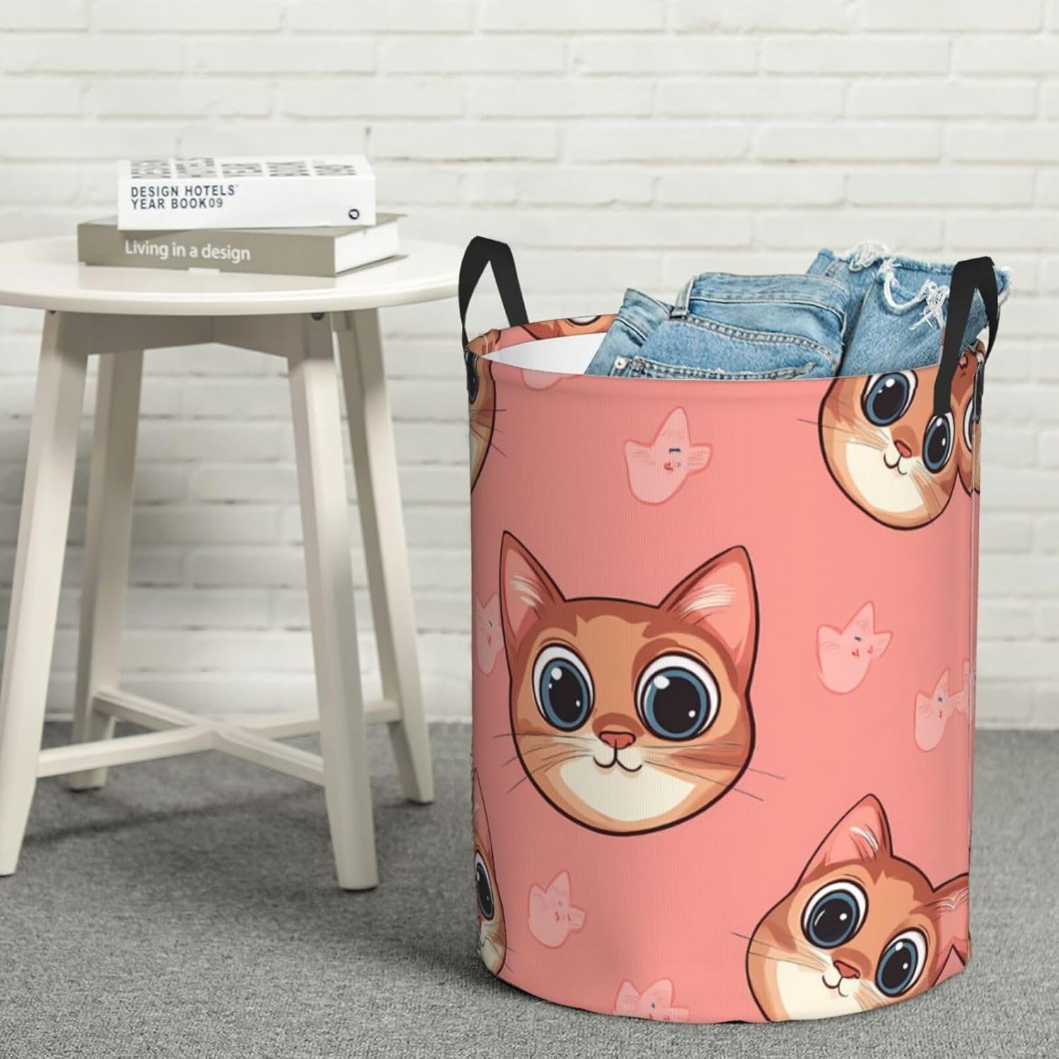 Cat head Round Single-layer Laundry Basket, Portable Storage Laundry Basket, Bedroom Clothes Storage Basket with Handle