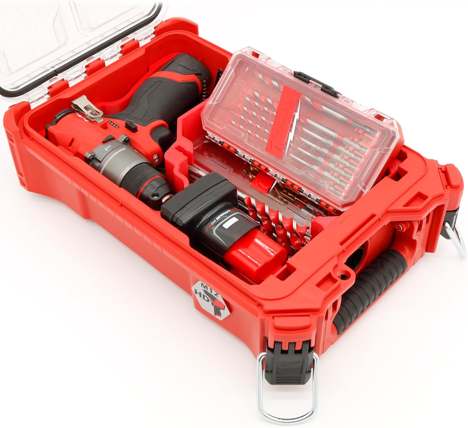Compact Tool Organizer made for Milwaukee Packout compatible with M12 3404-20 Hammer Drill or 3453-20 Impact Driver or 2551-20 Surge Hydraulic Driver, Accessories and Batteries for Enhanced Protection