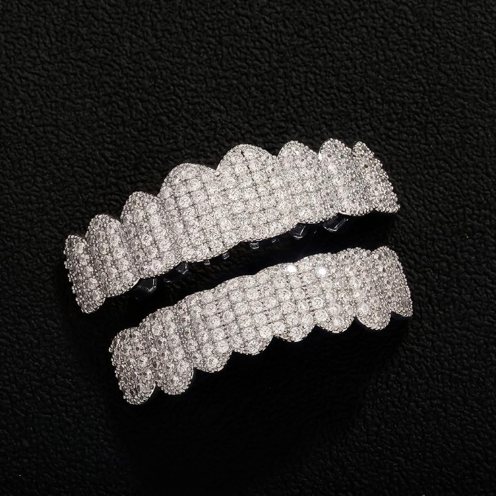 JINAO Iced Out Grillz for Men Women 8 Teeth Set Brass 5A CZ Stones Hip Hop Fashion Rapper Costume Mouth Accessories