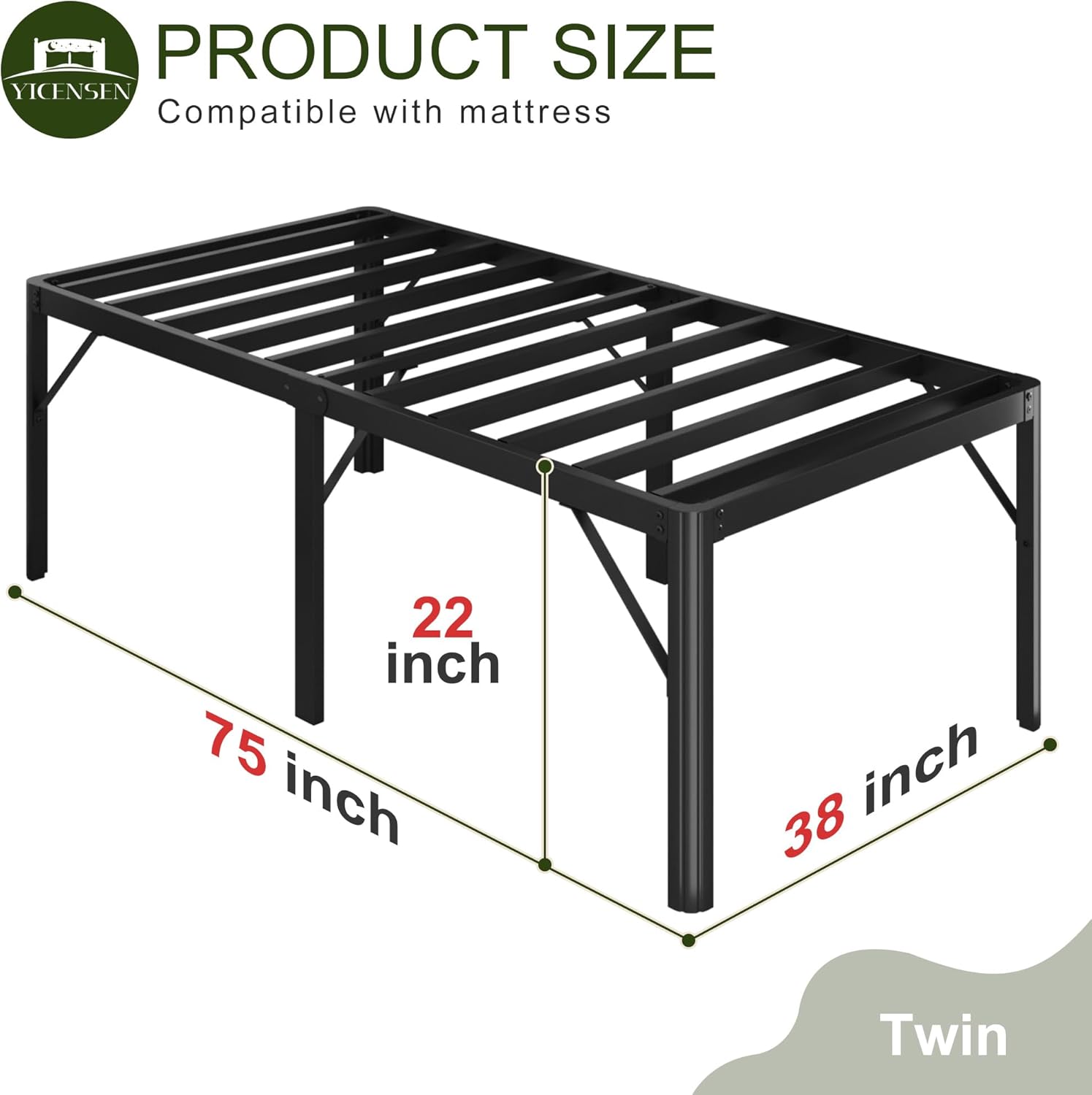 22 Inch High Twin Bed Frames with Rounded Corner Legs, Heavy Duty Metal Twin Size Platform Bed Frame No Box Spring Needed, Easy Assembly, Noise Free, Black - Image 3