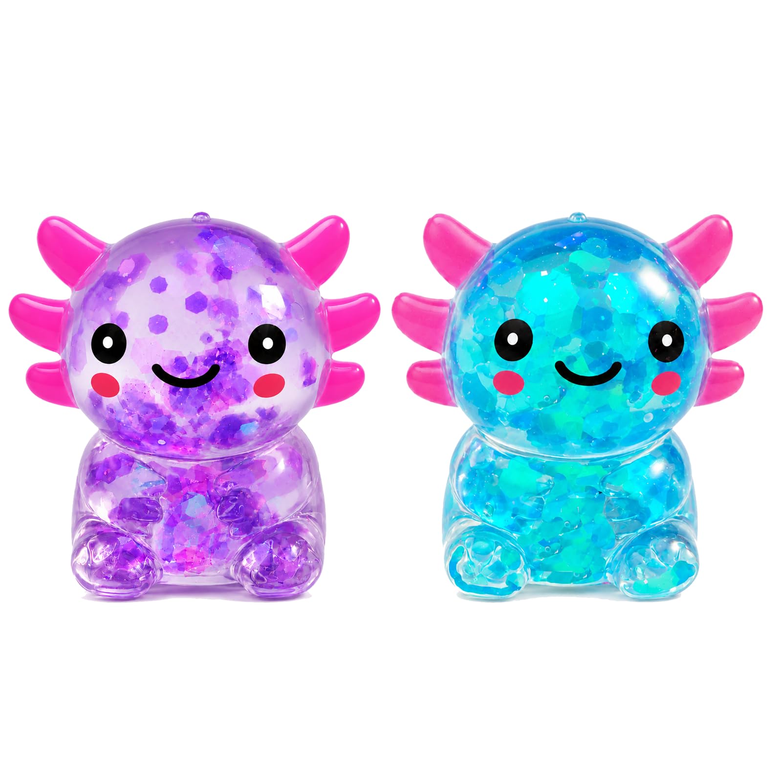 2 Packs Axolotl Squishy Toy, Glitter Fidget Toys Cute Axolotl Stress Relief Squeeze Toy Gifts for Kids Adult, Squishies Toys,bluepurple