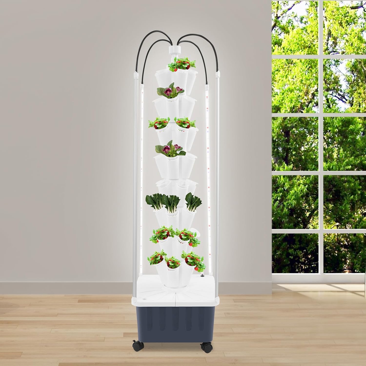 Sistema di Coltivazione Idroponica A 40 Fori con Luci LED, Kit per Orto di Erbe Aromatiche da Interno per Pomodori, Peperoni, Cetrioli - Pianta 40 Semi, Torre Idroponica Intelligente, Bianca