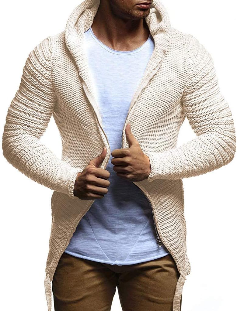 Beautyfine Men's Knit Cardigan Coat Fashion Autumn Solid Color Hooded Zip Tops