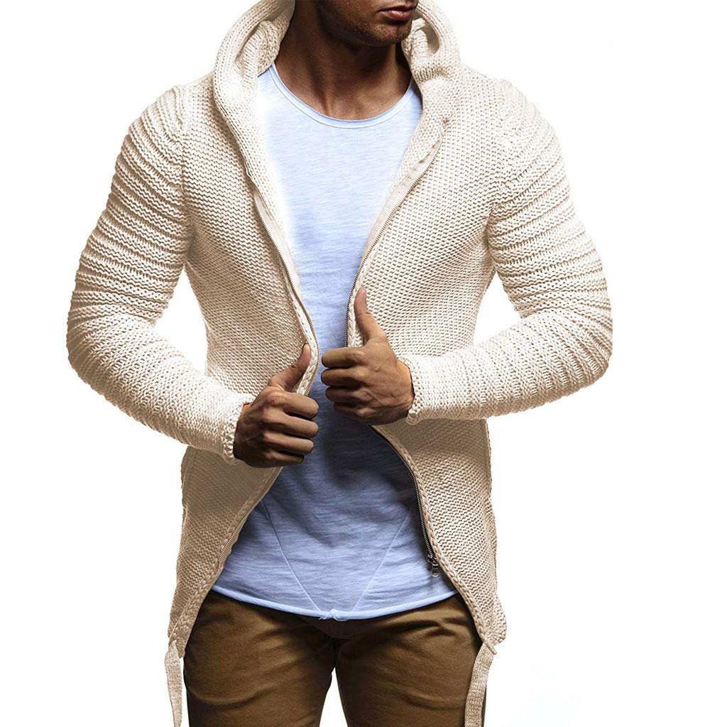 Beautyfine Men's Knit Cardigan Coat Fashion Autumn Solid Color Hooded Zip Tops