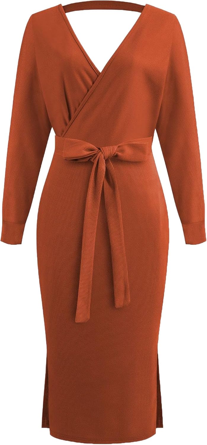 Generic Women'S V Neck Long Batwing Sleeve Dress Wrap Midi Knit Sweater Bodycon Dress Elegant Ribbed Backless with Belt Slit