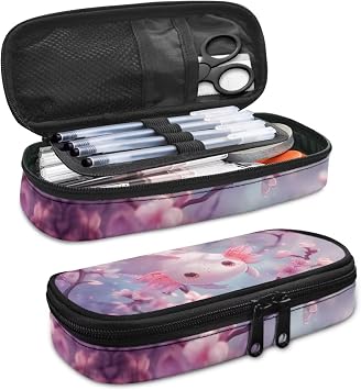 Axolotl Cute Pencil Pouch Pencil Bag Cherry Blossom Aesthetic Pencil Case for Girls for School Pencil Box Organizer Stuff Stationery Pouch for Students Women Kids Teens Pen Case Holder