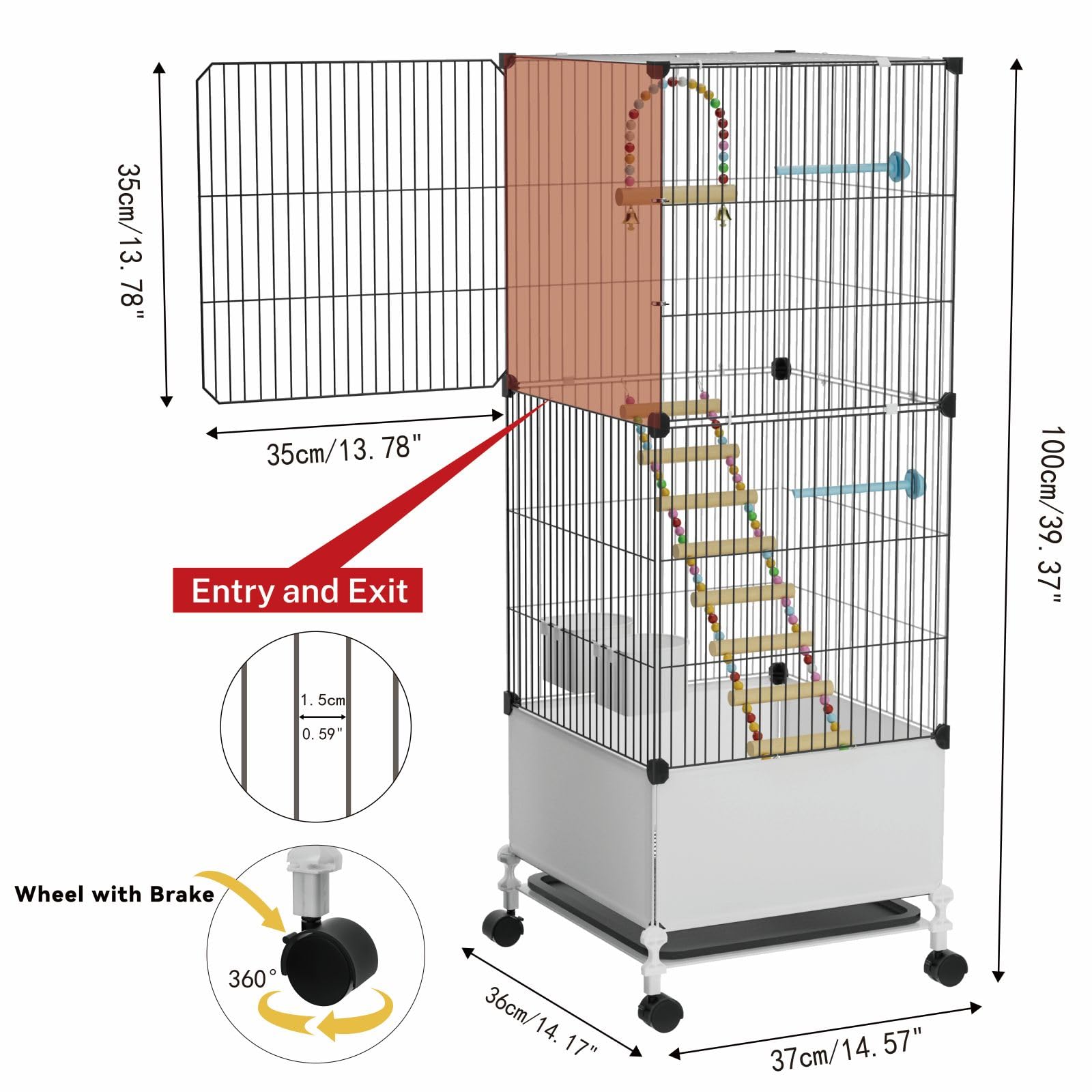 STILLCOVE Medium Flight Bird Cage, Black Parakeet Cages with Rolling Stand & Wheels, Wide Birdcage for Parrots Cockatiels Conure Budgie Canary Finch Lovebird - image 3
