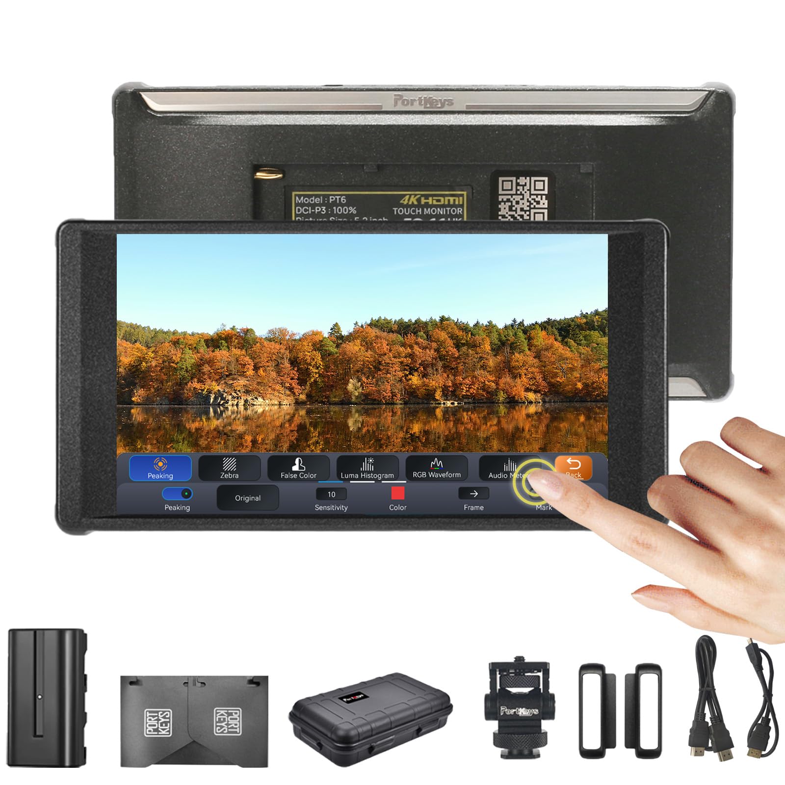 PT6 Camera Monitor 5.2" 600nit Touchscreen Field Monitor Vertical Shooting Stretch 3D LUT Output Wide Color Gamut New Peaking RGB Waveform for DSLR with NP-F550 Battery