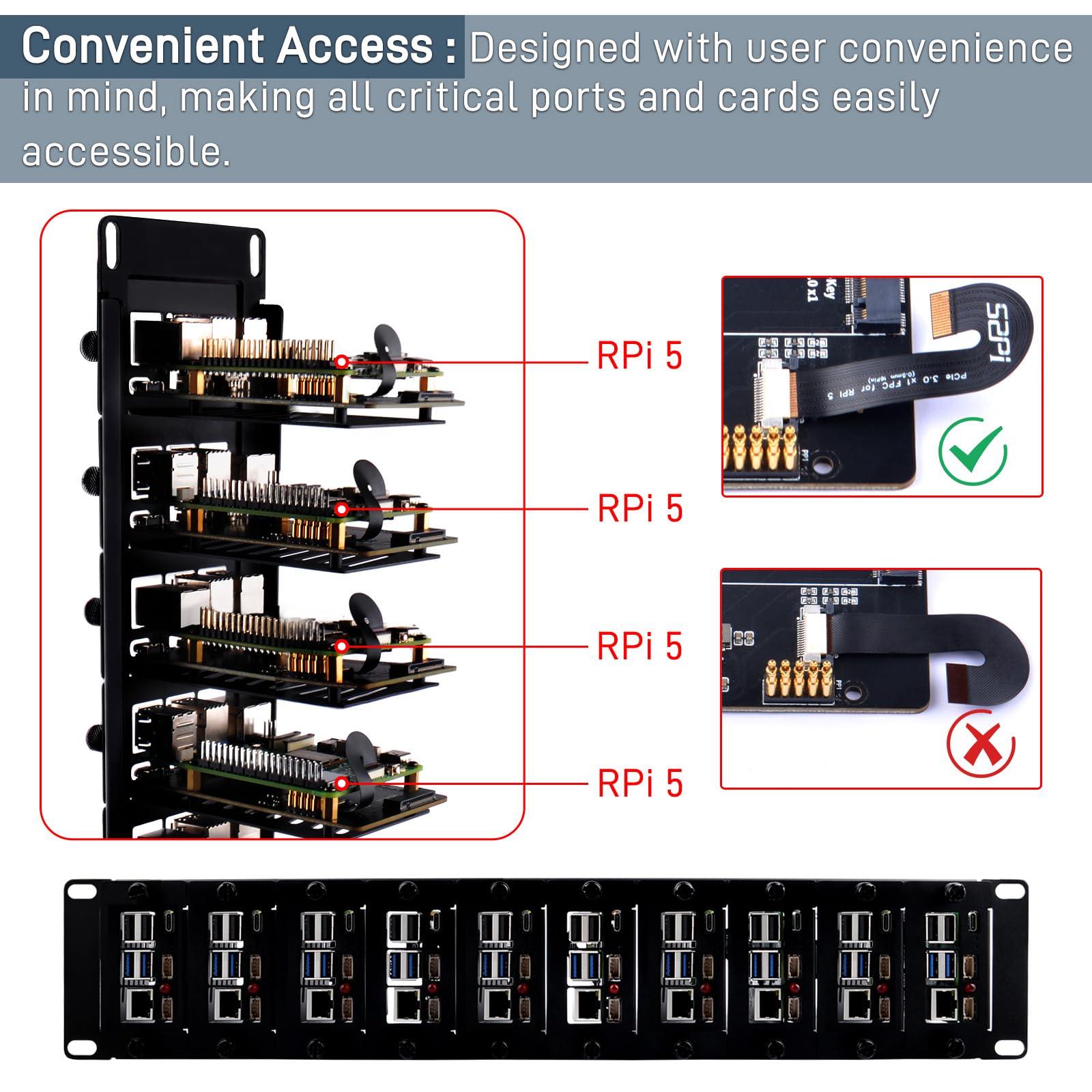 GeeekPi 19 Zoll 2U Rack-Halterung für Raspberry Pi 5, mit 10pcs PCIe auf M.2 NVMe SSD Adaptern, hält bis zu 10 Raspberry Pi 5 Boards, kompatibel mit 19 Zoll Server Rack