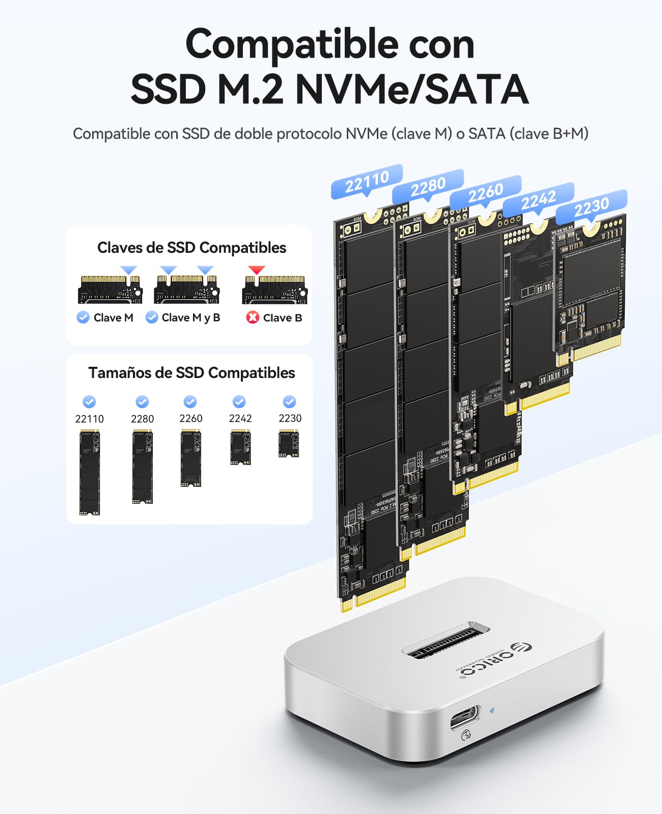 ORICO Carcasa Para SSD M.2 NVMe/SATA, Estación de Acoplamiento USB 3.2 Gen 2 para M.2, Adaptador Para SSD M.2 NVMe, Compatible con M.2 de 2230/2242/2260/2280/22110, Compatible con Windows/Mac OS/Linux