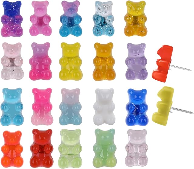 Prasacco 20 PCS Cute Push Pins, Bear Drawing Pins Clear Candy Color Thumb Tacks Decorative Push Pins for Photo Wall, Maps, Notice Board, and Cork Board