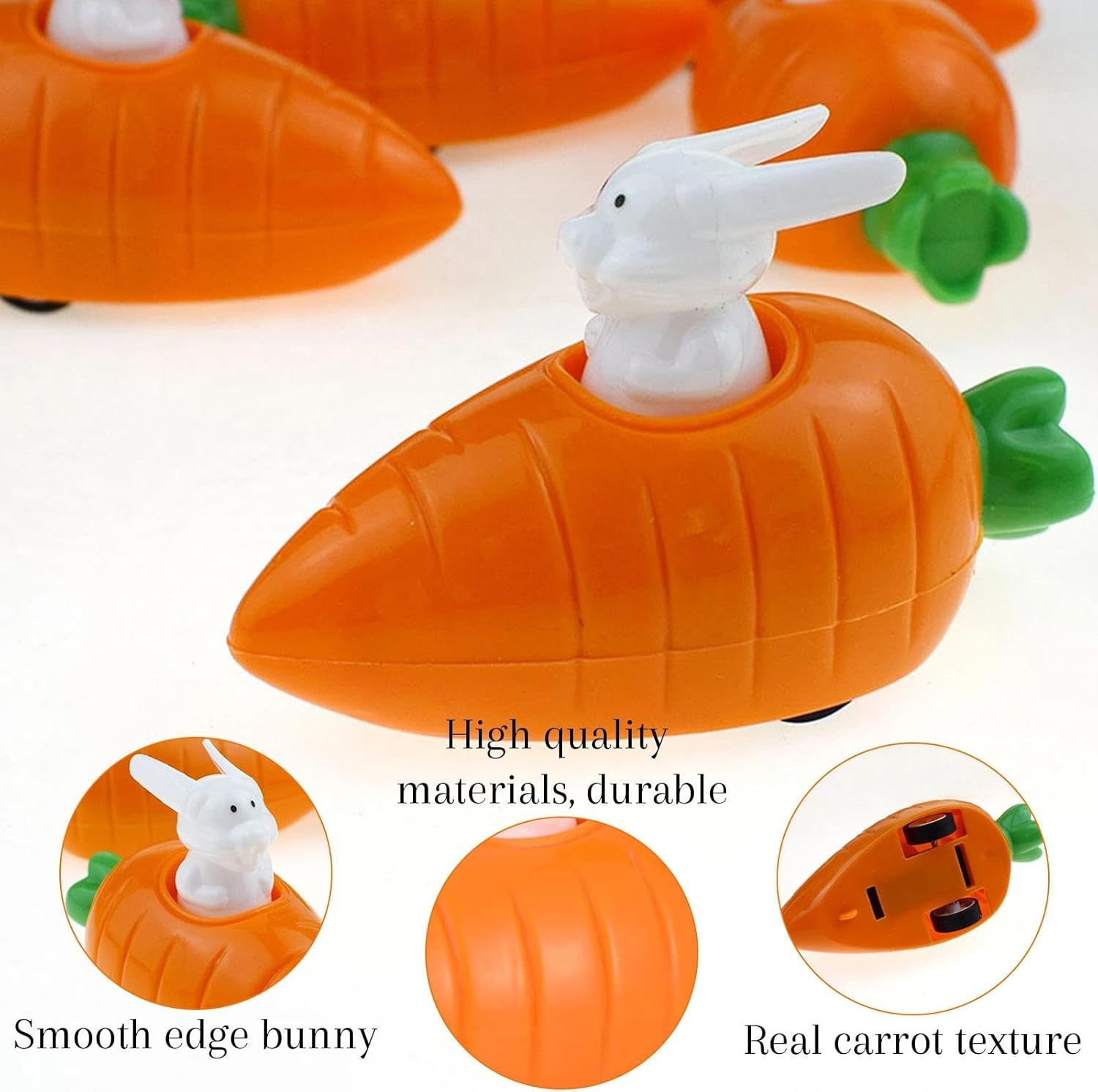 Pack of 4 Wind-Up Toy Carrots with Rabbits Wind Up Car Small and Light Rabbit Clock Movement Toy Car, Easter Decoration Retractable Cars from 1 Year for Children Boys Girls