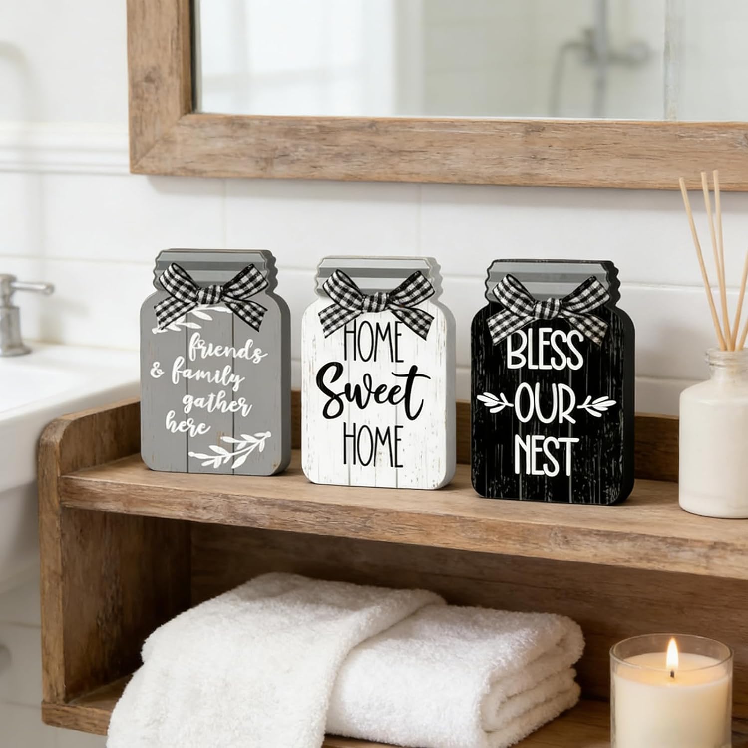 3 Pcs Farmhouse Sweet Home Tiered Tray Decor Wooden Mason Jar Signs for Table Centerpiece Rustic Vintage Black White Tabletop Block for Kitchen Dining Room Country Summer Shelf Housewarming Gift