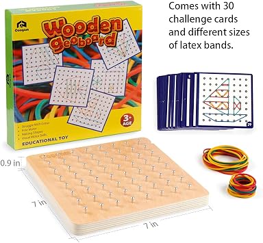 Coogam Wooden Geoboard Mathematical Manipulative Material Array Block Geo Board - 8x8 Pin Geometry Geoboard STEM Shape Puzzle Board Brain Teaser for Kids