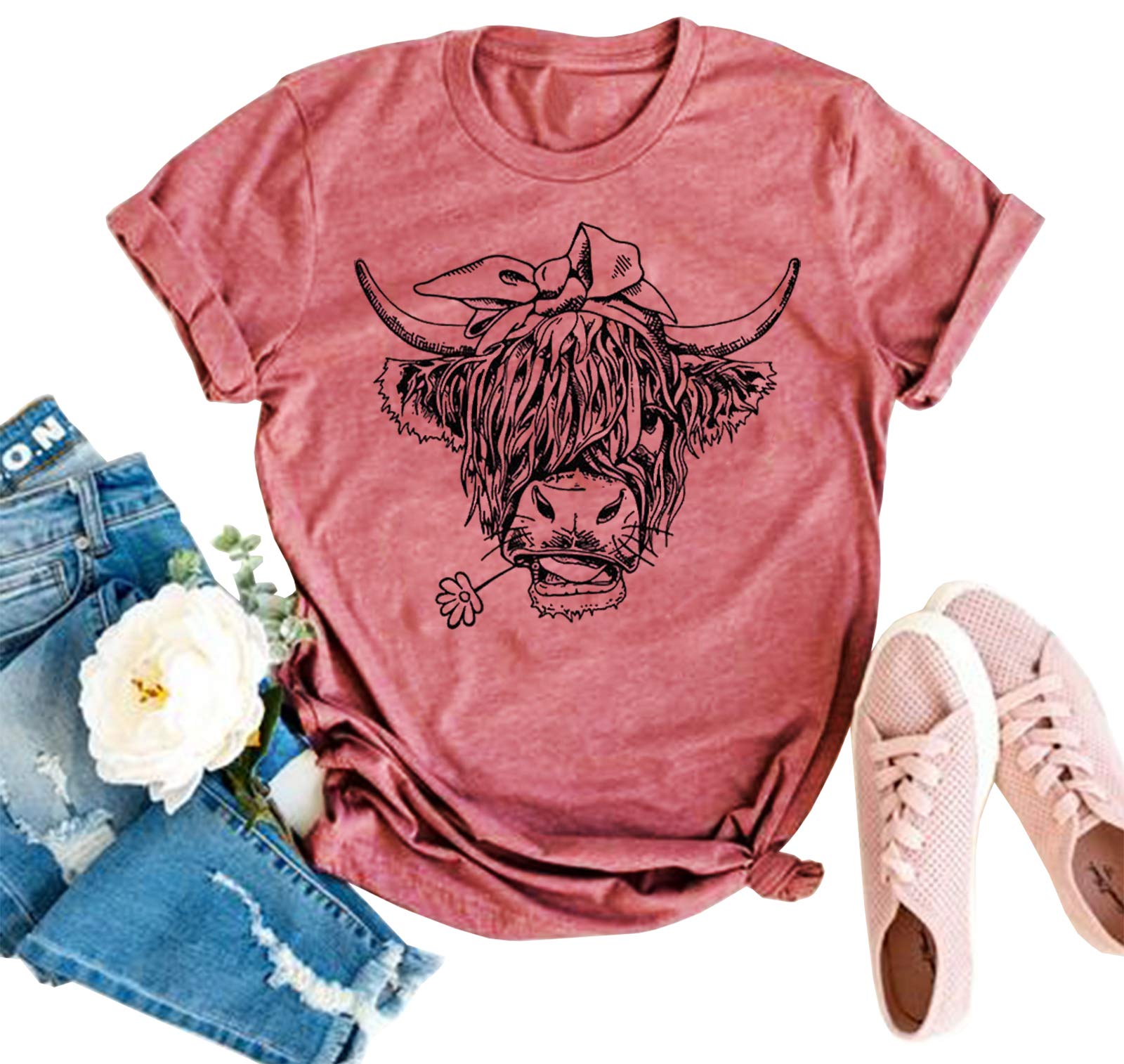ZIFOTACow Shirts for Women Cute Cattle Cowgirl T-Shirt Funny Animal Graphic Farm Life Tee Casual Short Sleeve Holiday Tops