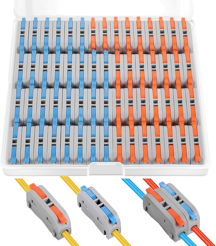 60 tuercas de conectores de palanca compactas de conductor XHF, terminales de cable eléctrico para cualquier circuito empalmes en línea 28-12 AWG (SPL-1) naranja y azul
