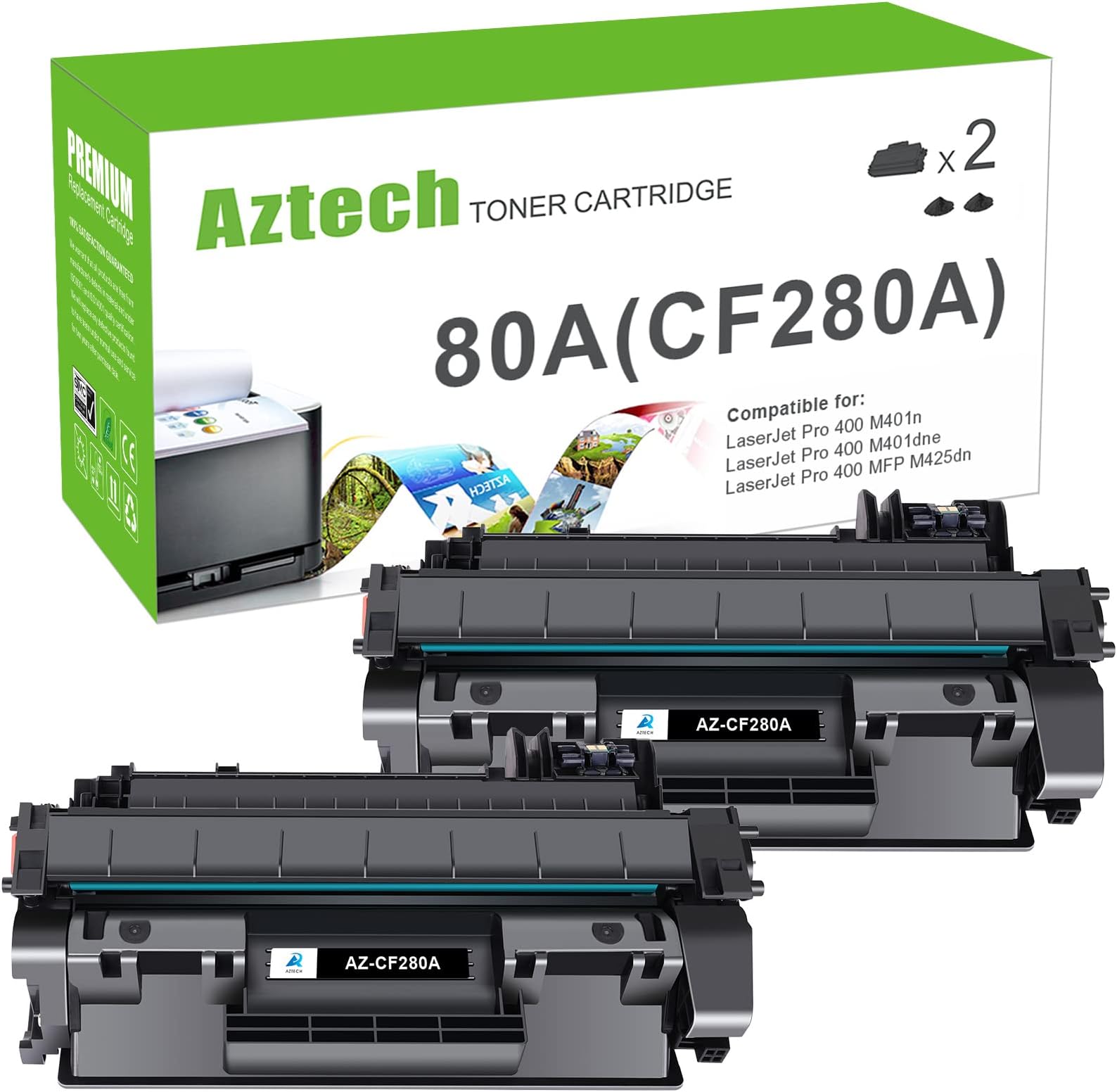 Aztech Compatible Toner Cartridge Replacement for HP 80A CF280A 80X CF280X for HP Pro 400 M401A M401D M401N M401DNE MFP M425DN Printer Ink (Black, 2-Pack)
