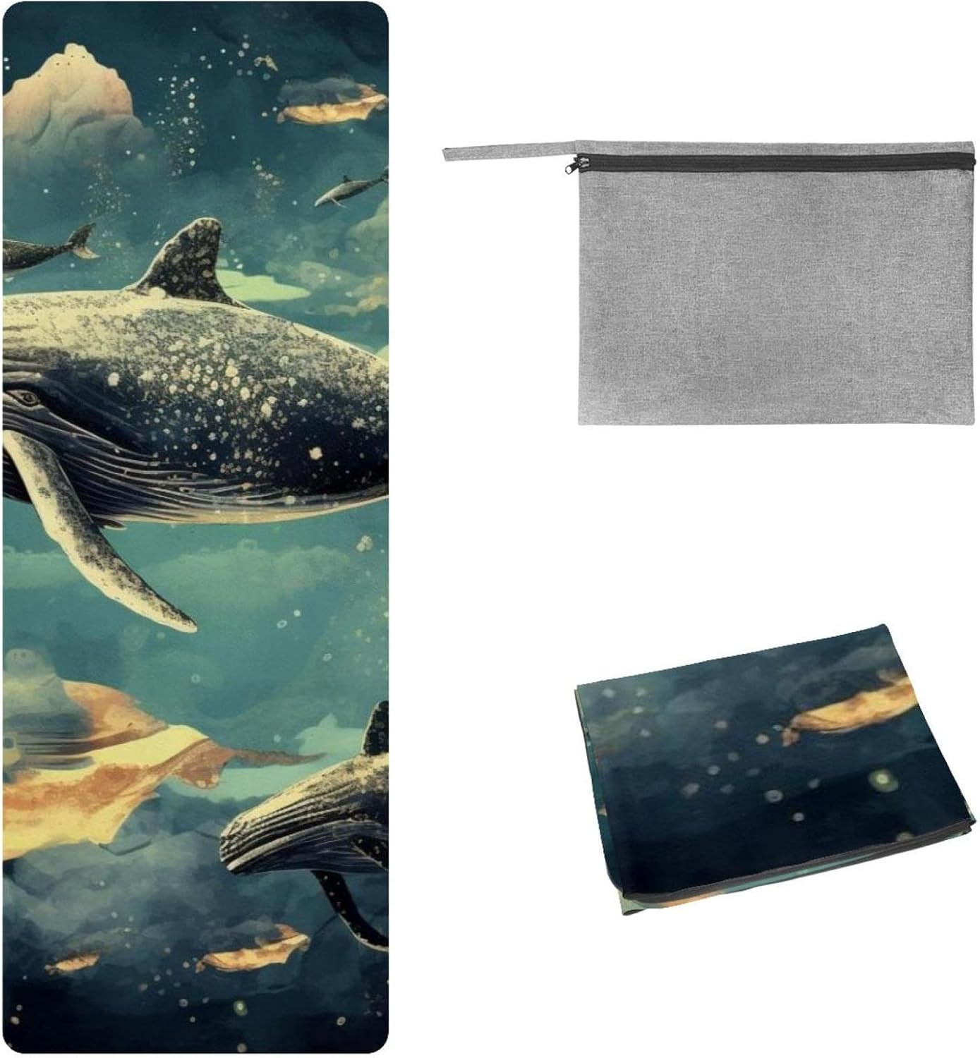 Yoga Towel, Whale Sea Pattern Non Slip Sweat Absorbent Hot Yoga Mat Towel for Hot Yoga, Pilates and Fitness - 72.8" x 26.8"