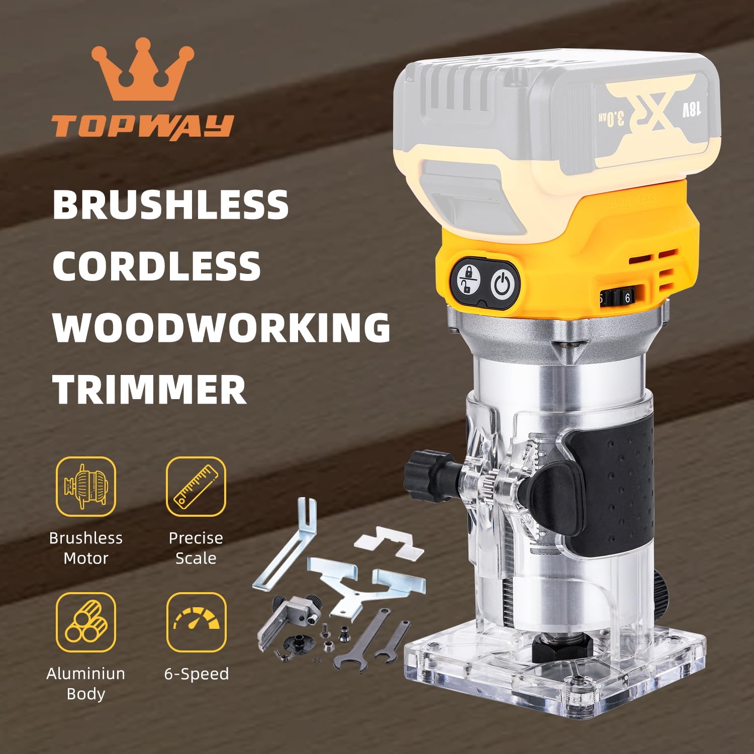 TOPWAY Défonceuse à bois portative sans fil 18 V – Compatible avec la batterie DeWa DCB184, vitesse variable, 3 pinces (1/4 po, 6 mm, 8 mm), base de coupe, sans batterie 102775