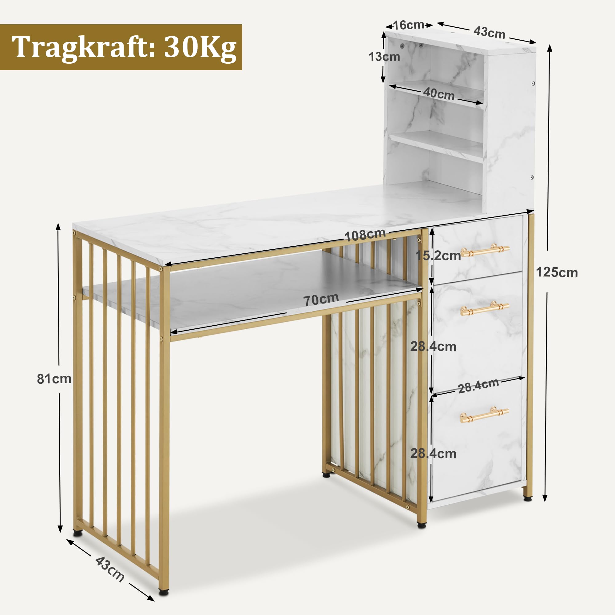 M MCombo Escritorio con 3 cajones, Mesa de Clavos de Madera, Marco de Metal, tocador sin Espejo, Escritorio de Ordenador con Estante para salón, 43x108x125cm, 2420