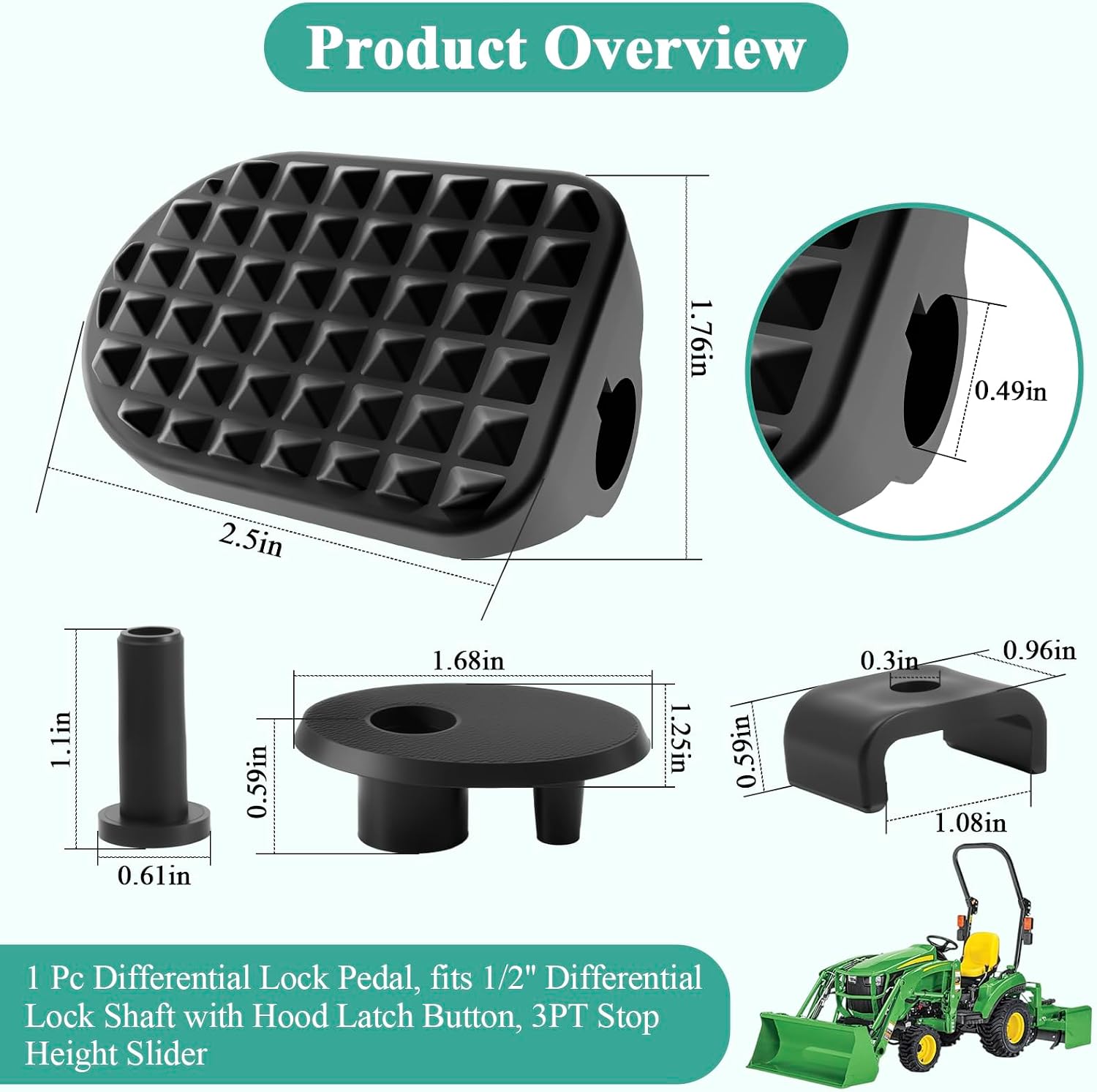 Differential Lock Pedal W/Hood Latch Button, 3 Point Stop Height Slider fits 1/2'' Differential Lock Shaft, Fit for John D-eere 1 Series 1023E 1026R 1025R & Gen 2 2025R Subcompact Tractor