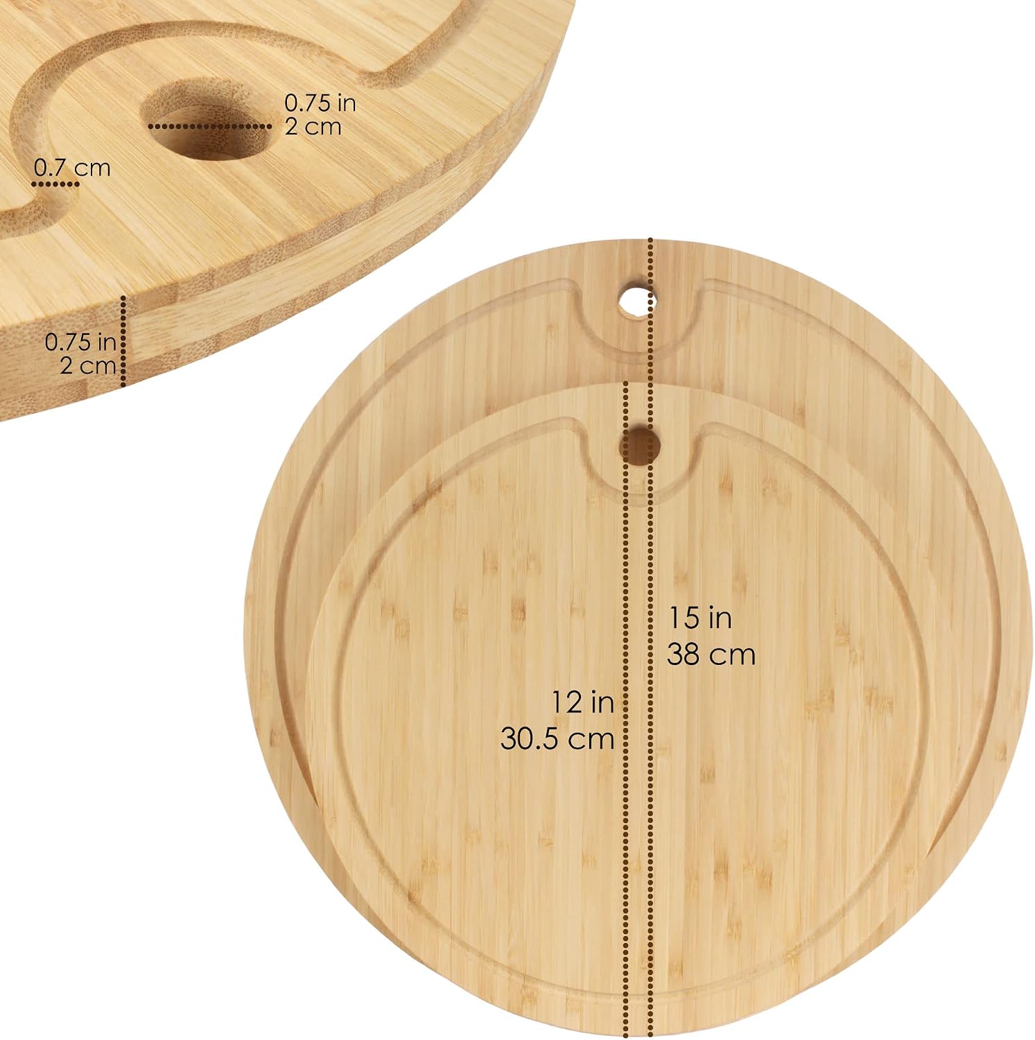 BambooMN Bamboo Round Cutting and Serving Board, Charcuterie Board - 15" diameter x 0.75" thickness - 1 Piece
