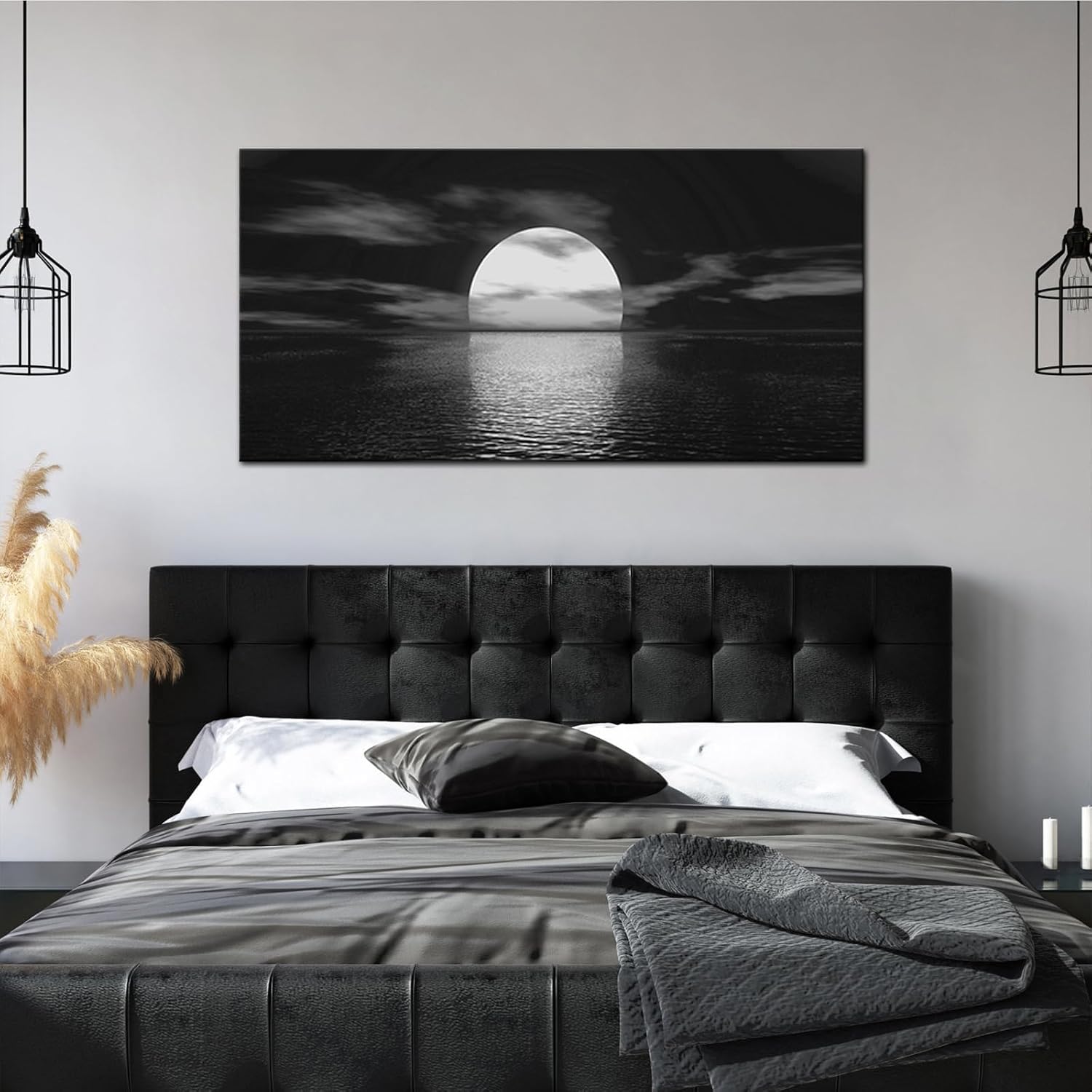 Conipit Large Black and White Canvas Full Moon Wall Art Sunset Picture Prints Moon on Sea Ocean Landscape Artwork for Home Decor Framed Ready to Hang 24''x48''