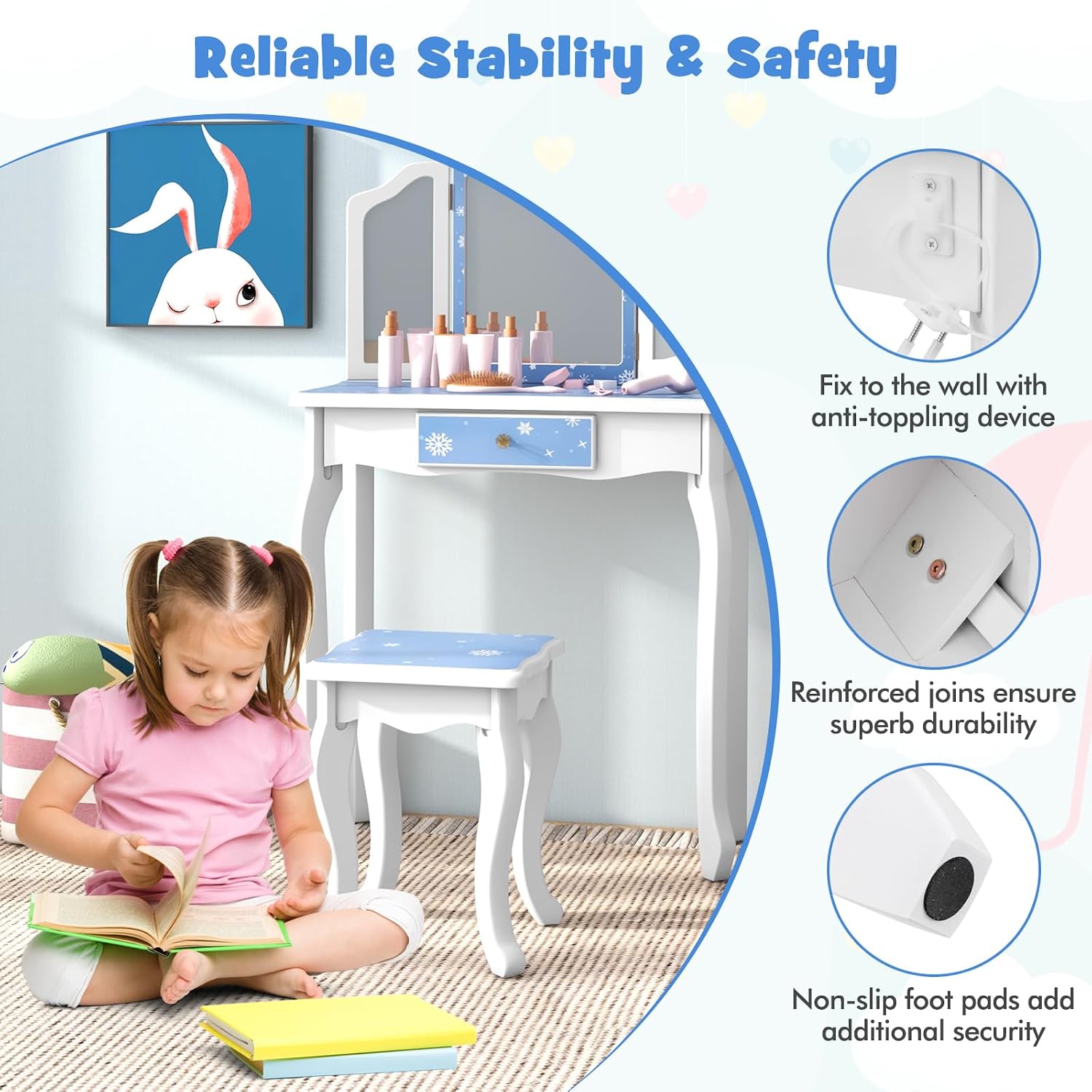 GLACER Kids Vanity Set, 2-in-1 Princess Makeup Table with Stool, Detachable Tri-fold Mirror and Large Drawer, Wooden Pretend Play Kids Vanity Table and Chair Set for Girls (Pink Polka Dot Print)