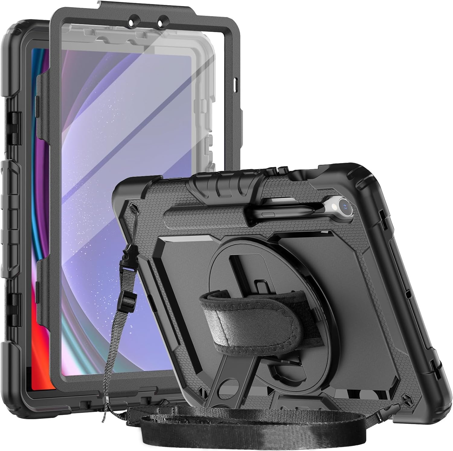 Herize Samsung Galaxy Tab S10 FE/S9 FE/S9 Case 11 Inch 2025/2023 with Screen Protector/Pencil Holder | SM-X710/X716B/X718U Cover| Heavy Duty Rugged Protective Case W/Shoulder Hand Strap for Kids