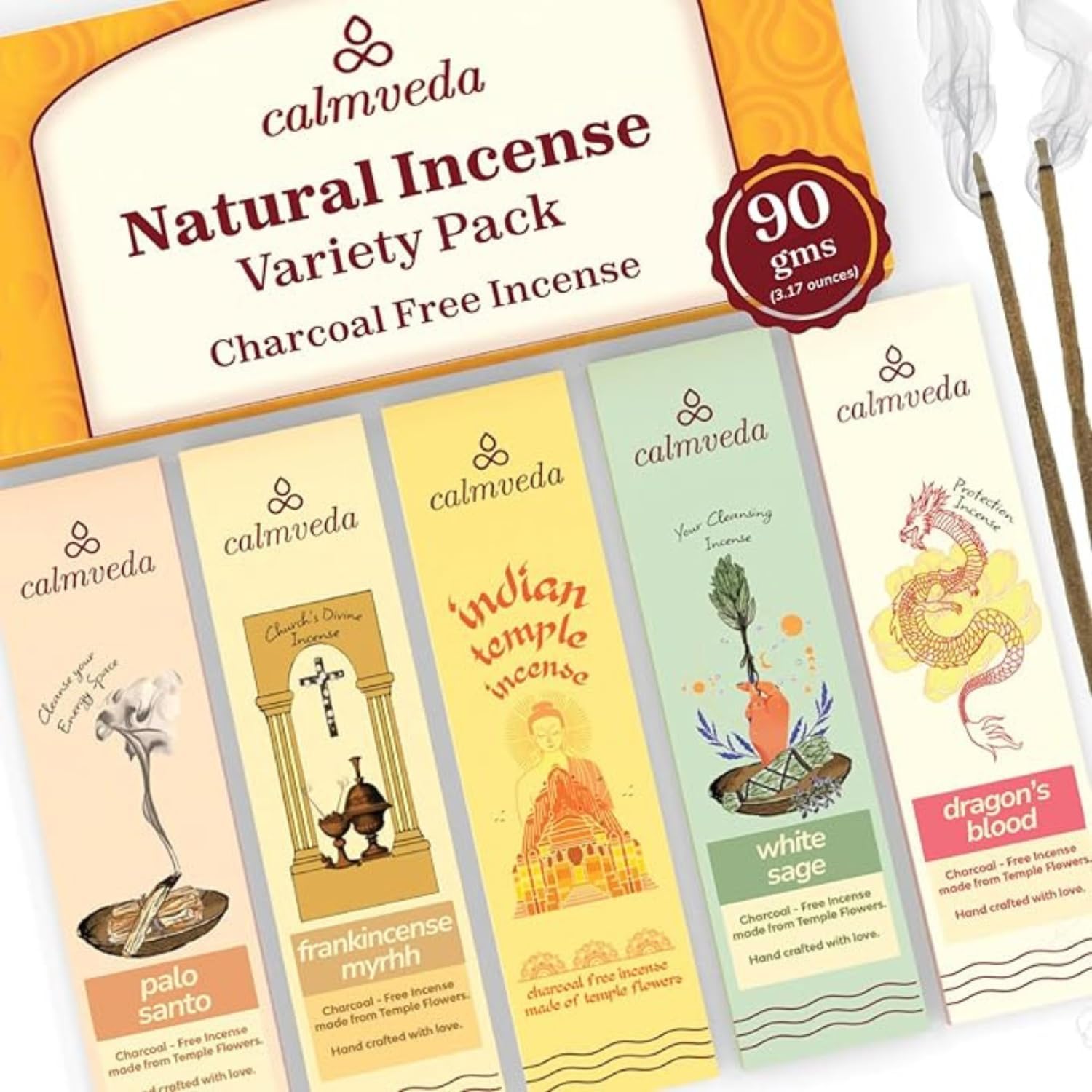 CALMVEDA, Incense Sticks Set 12 x 5 (60 Pieces, 12 x 5) 5 Amazing Flavours for Any Occasion: Frankincense, White Sage, Palo Santo, Dragon Blood, Temple Smoking Set