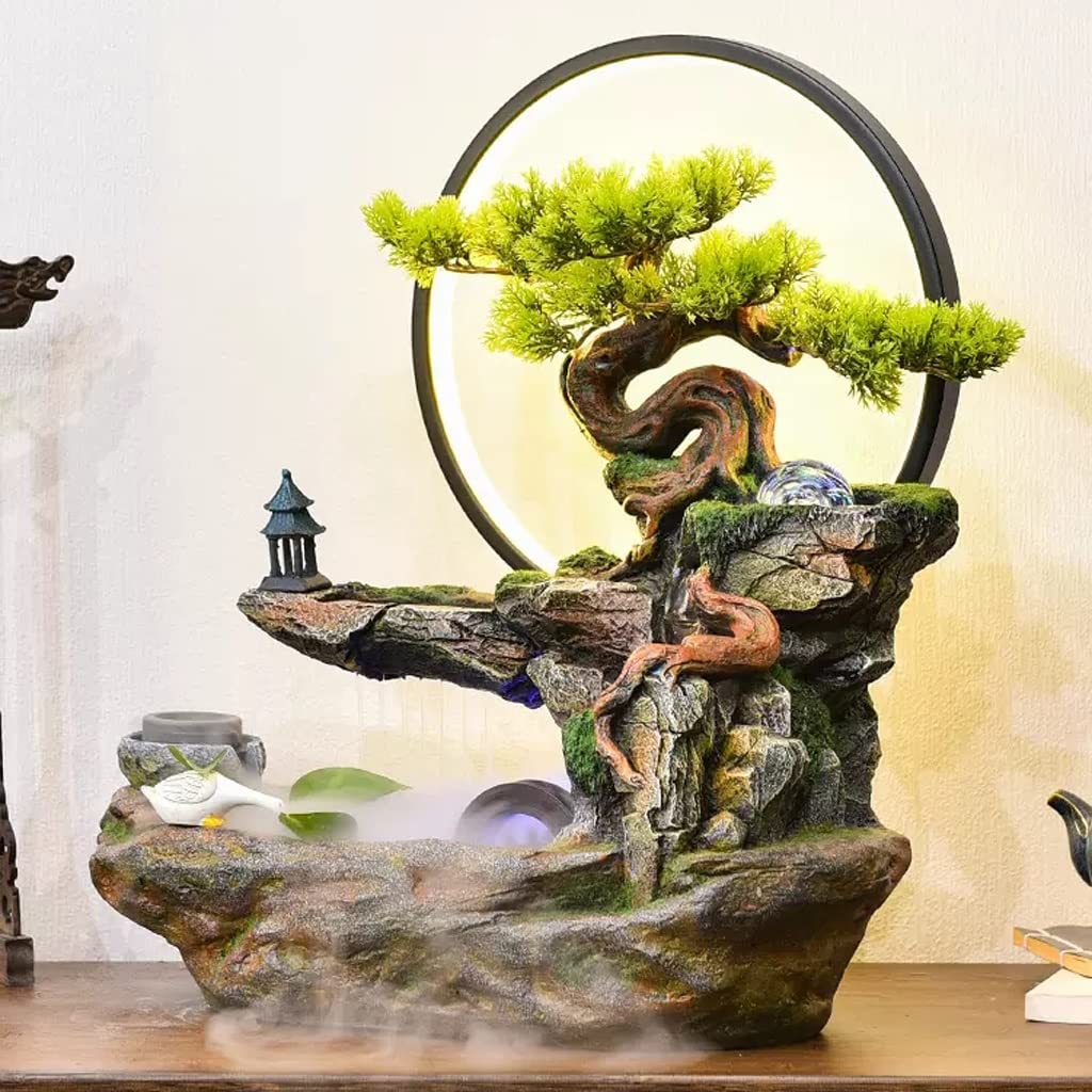 Fontana da Tavolo, Cascata Decorativa, Fontana Zen, Design Bonsai e Albero, Illuminazione LED, per Interni, per casa e Ufficio