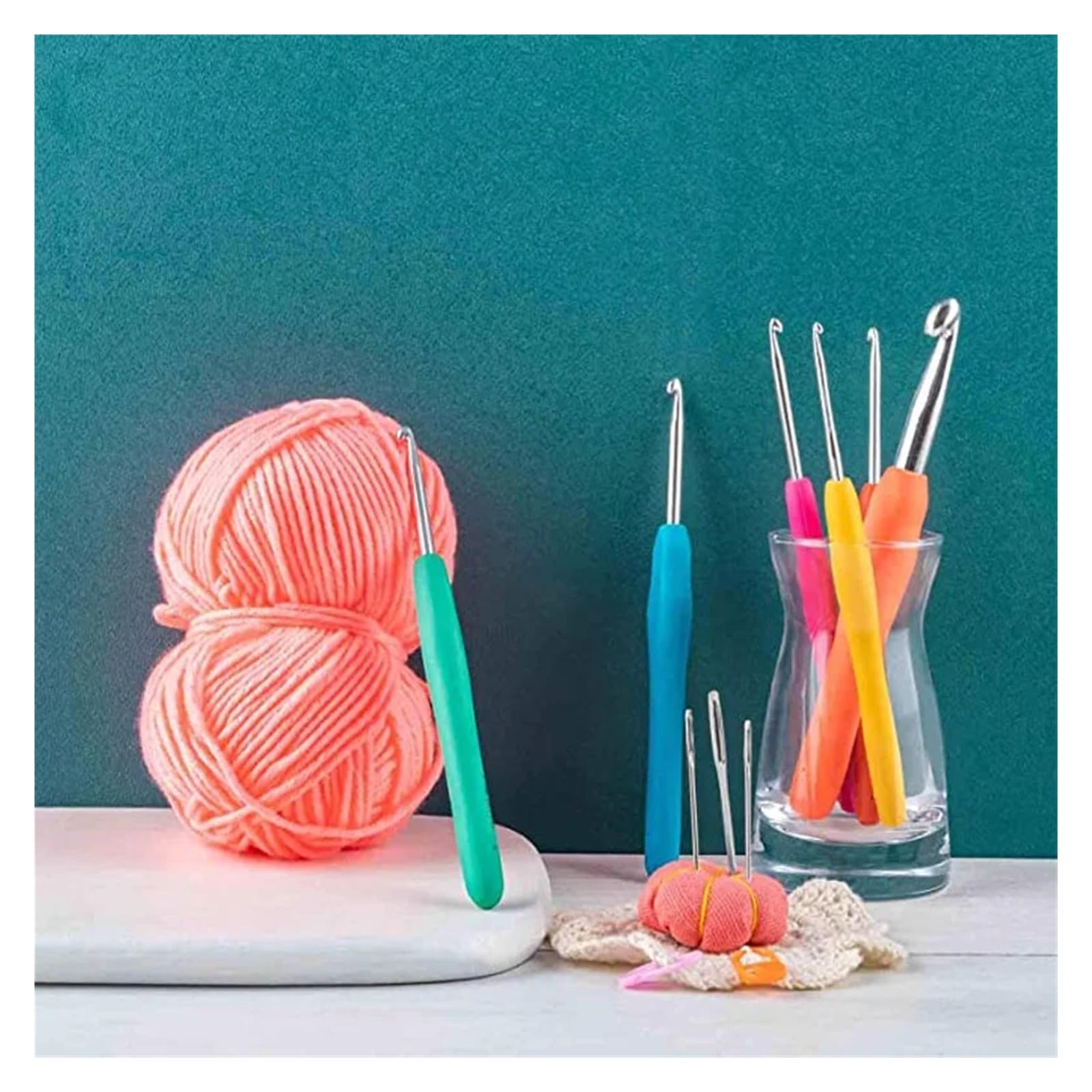 Kit Ganchillo Herramientas de crochet con mango suave de colores, hechas a mano, de silicona, antideslizantes, de aluminio.(1Set 14Pcs)