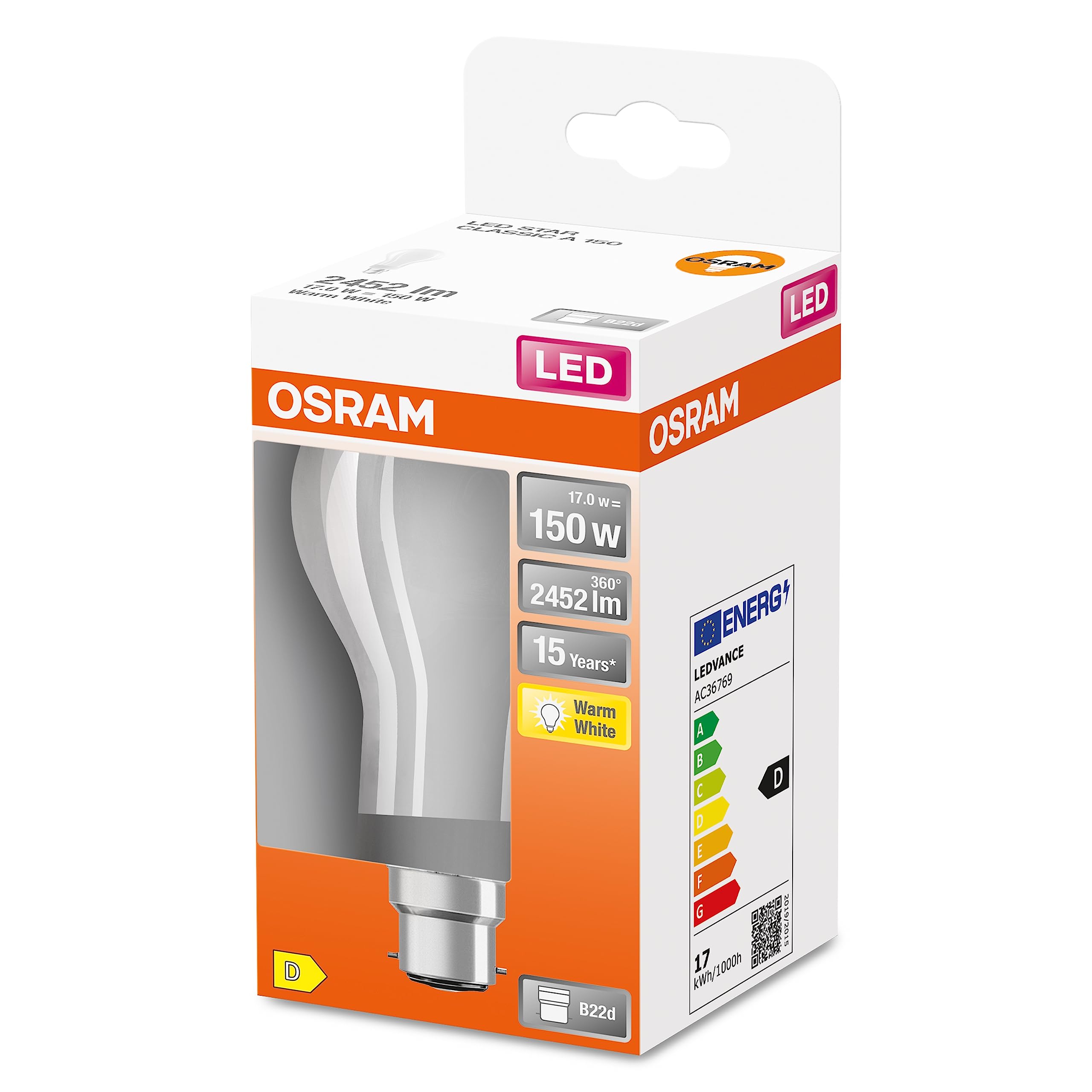 Osram LED Star Classic A150 LED Lampe für B22d Sockel, Birnenform, GL FR, 2452 Lumen, warmweiß (2700K), Ersatz für herkömmliche 150W Glühbirnen, nicht dimmbar, 6er-Pack
