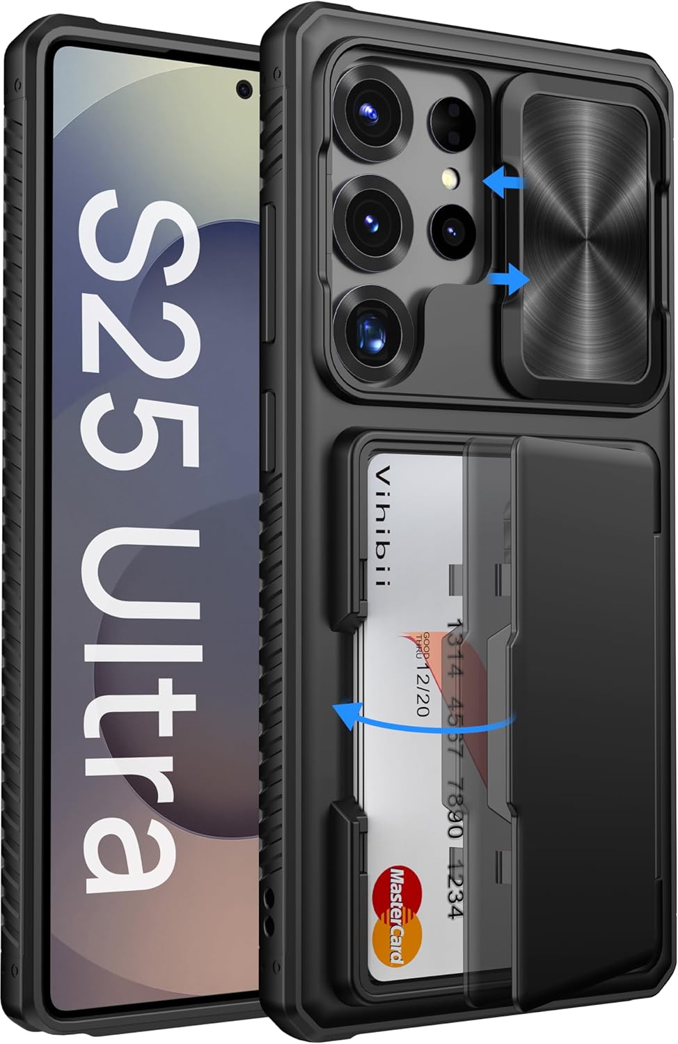 Vihibii for Samsung Galaxy S25 Ultra Case with Card Holder (4 Cards), RFID Blocking & Slide Camera Cover, Military Grade Drop Protection, Rugged Hard Back & Silicone Edge Wallet Case, 6.9" 2025, Black