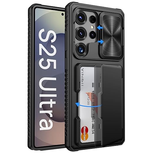Vihibii for Samsung Galaxy S25 Ultra Case with Card Holder (4 Cards), RFID Blocking & Slide Camera Cover, Military Grade Drop Protection, Rugged Hard Back & Silicone Edge Wallet Case, 6.9" 2025, Black