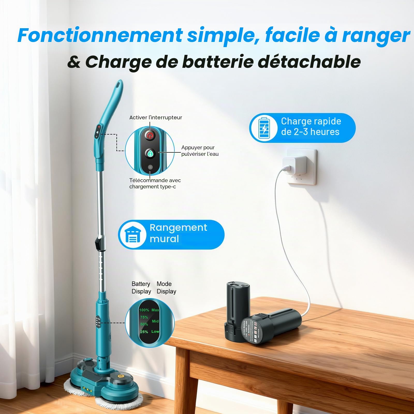 Balai Électrique Sans Fil avec 2 Batteries de 2000 mAh, Balai à Double Rotation avec Pulvérisateur/Phare LED/ Écran Intelligent,Serpillere Electrique avec Réservoir d'eau de 300 ML Pour Sols Multiples