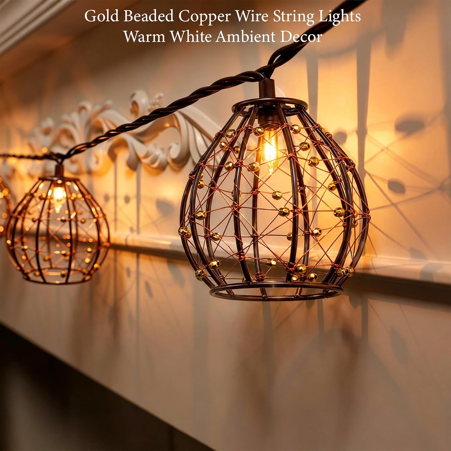 2 Pack Decorative String Lights, 8.5ft with 10 Gold Beaded Copper Wire Lanterns, UL Certified Connectable Fairy Lights for Indoor & Outdoor Porch, Garden, Patio, Wedding Decor