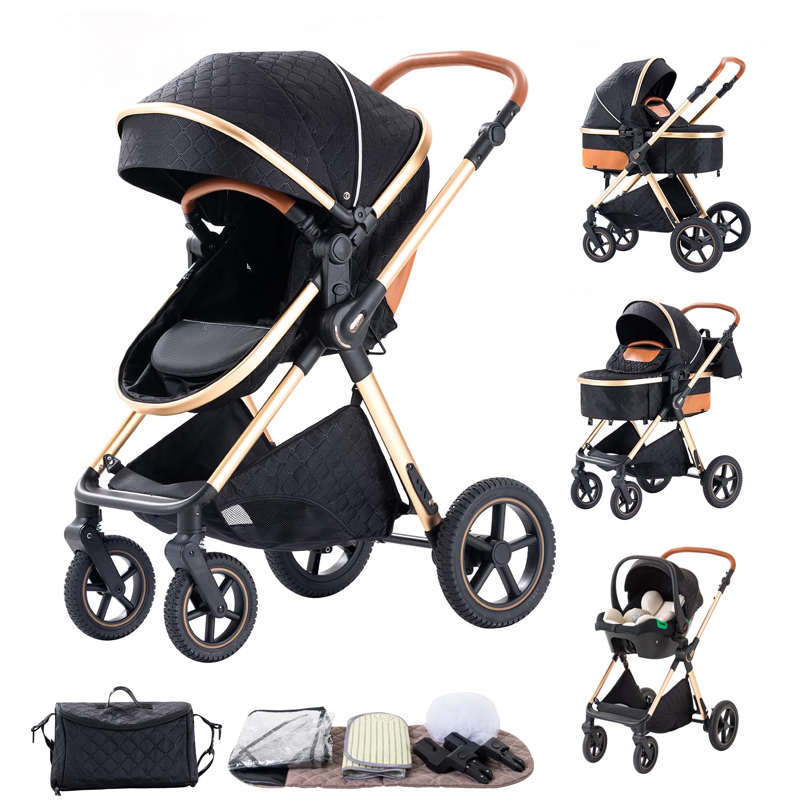 BEBBY Multifunzionale Carrozzina Passeggino Trio Combinazione Passeggino 3 in 1 Passeggino Ovetto Pieghevole Set Passeggino Neonato Sedili Parapiedi Zanzariere H2-BLACK