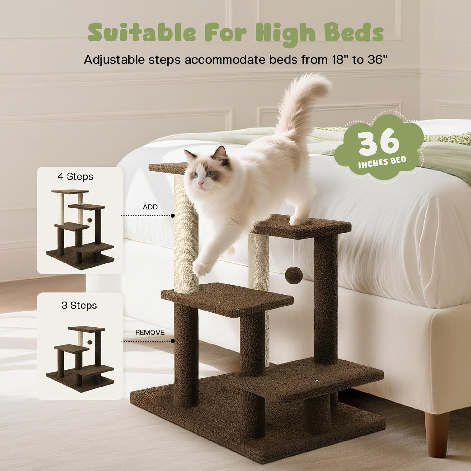 4-Step Pet Steps for Cats/Dogs, Cat Stairs with Sisal Scratching Post, Cat Steps for Older Cats with Enlarge Perch, Pet Stairs for High Bed and Couch, Brown