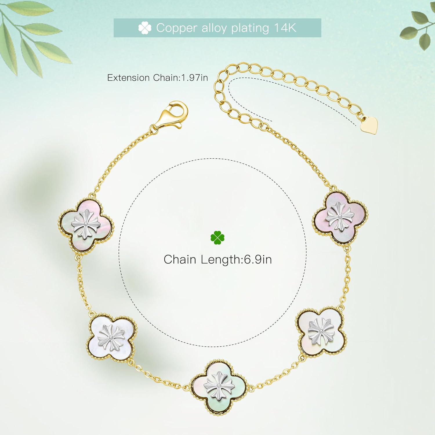 18K Gold Plated Clover Bracelet, Mother of Pearl Four Leaf Flower Bracelet for Women, 6.9" + 2" Adjustable Bracelet, Cross Motif, Gold or Silver Tone - Image 4