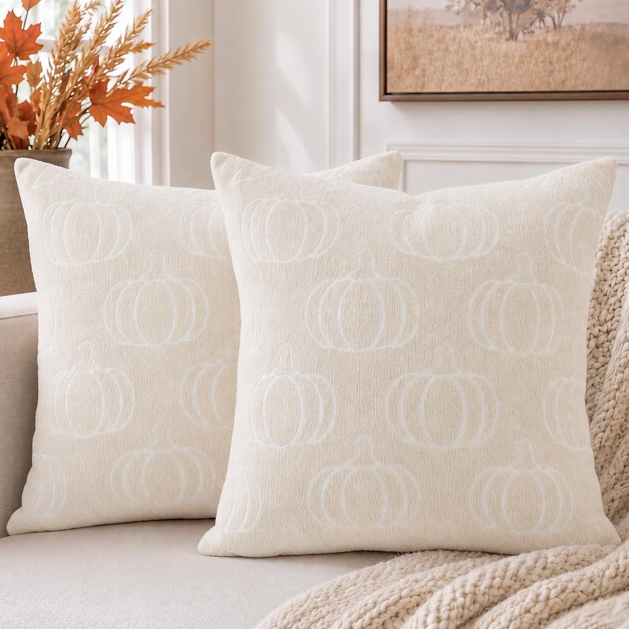 Beige Fall Pumpkin Chenille Plaid Pillow Covers Autumn Decor 18x18
