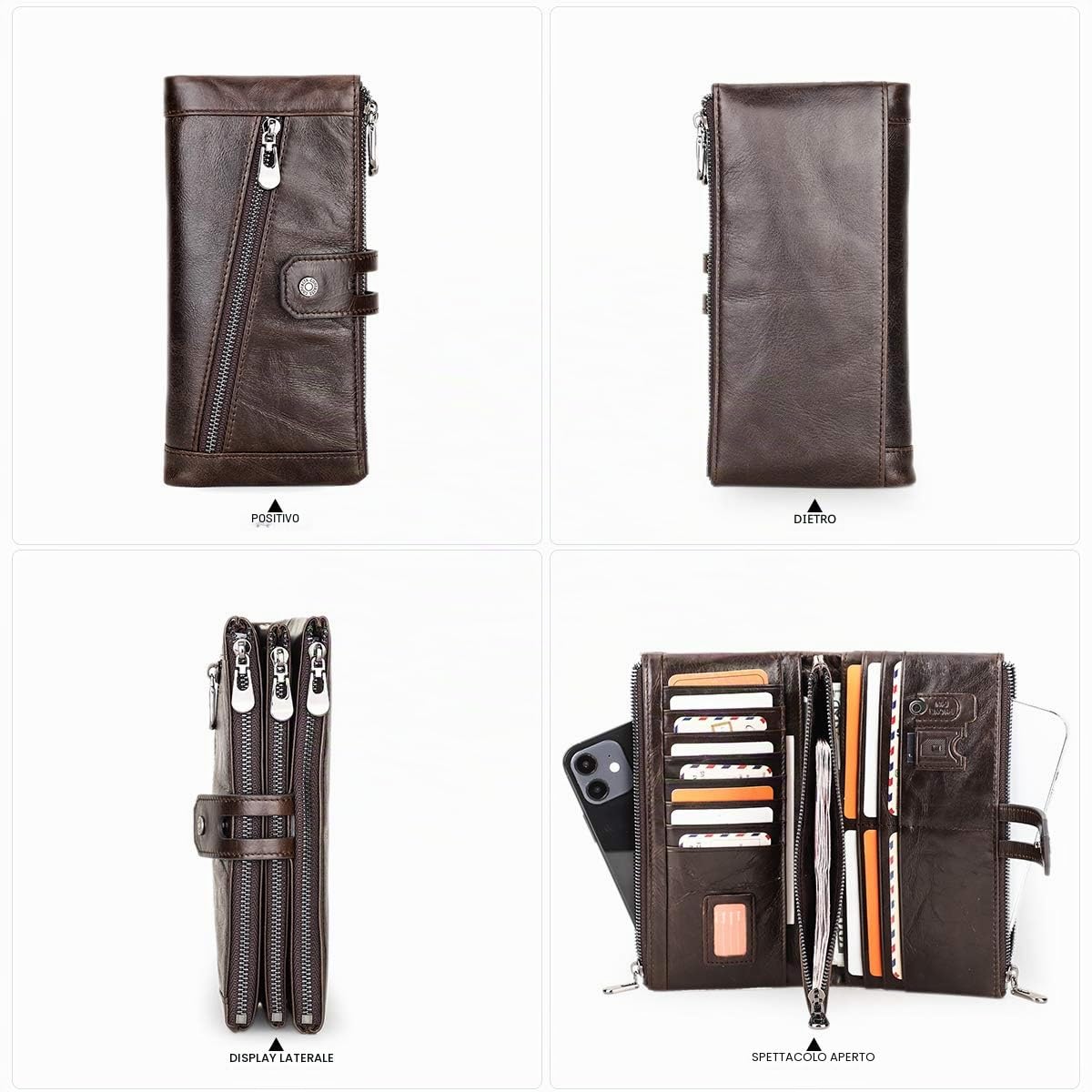 Contacts RFID Blocking Portafoglio lungo da uomo in vera pelle,con chiusura lampo multifunzion porta pochette Cellulare retro marrone scuro (Caffè1)