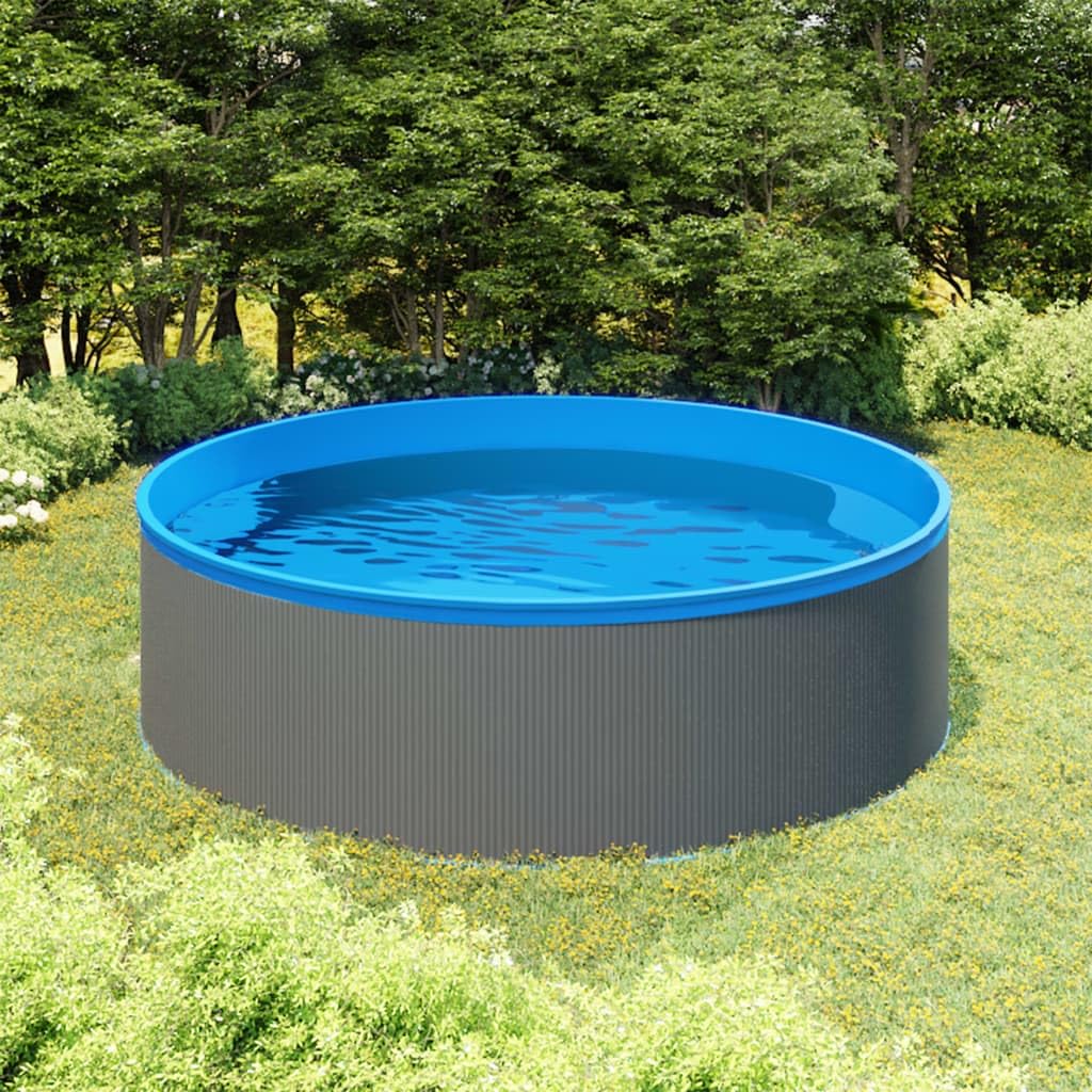 Piscina per bambini con skimmer sospeso e pompa, 350 x 90 cm, grigio, parete in acciaio con rivestimento in PVC, piscina fuori terra per piscina da giardino, pulizia e tempo libero, estate