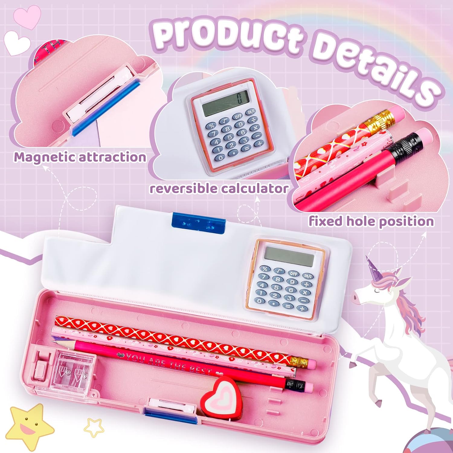 Henoyso Multifunctional Pencil Box for Girls Unicorn Pencil Case with Calculator and Sharpener Cool Cute Pencilcase School Supplies Essentials Valentine's Day Birthday Gift Present for Kids Teens