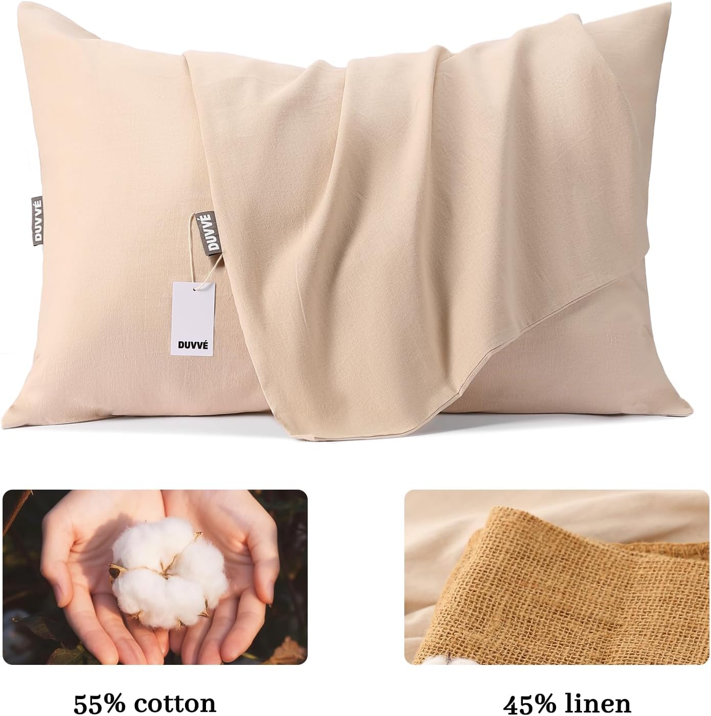 Luxury Pillowcase Set (2 Pack), Cotton Linen Blend, Soft Breathable, Envelope Closure (Beige, King)