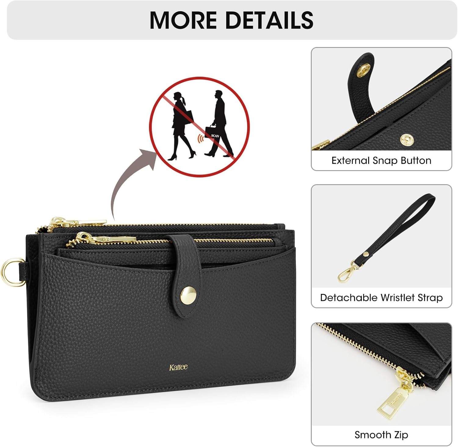 Kattee Leather Wristlet Wallets for Women, RFID Wallets Women, Top Grain Leather Card Holder Phone Purses Clutch Bags - Image 4